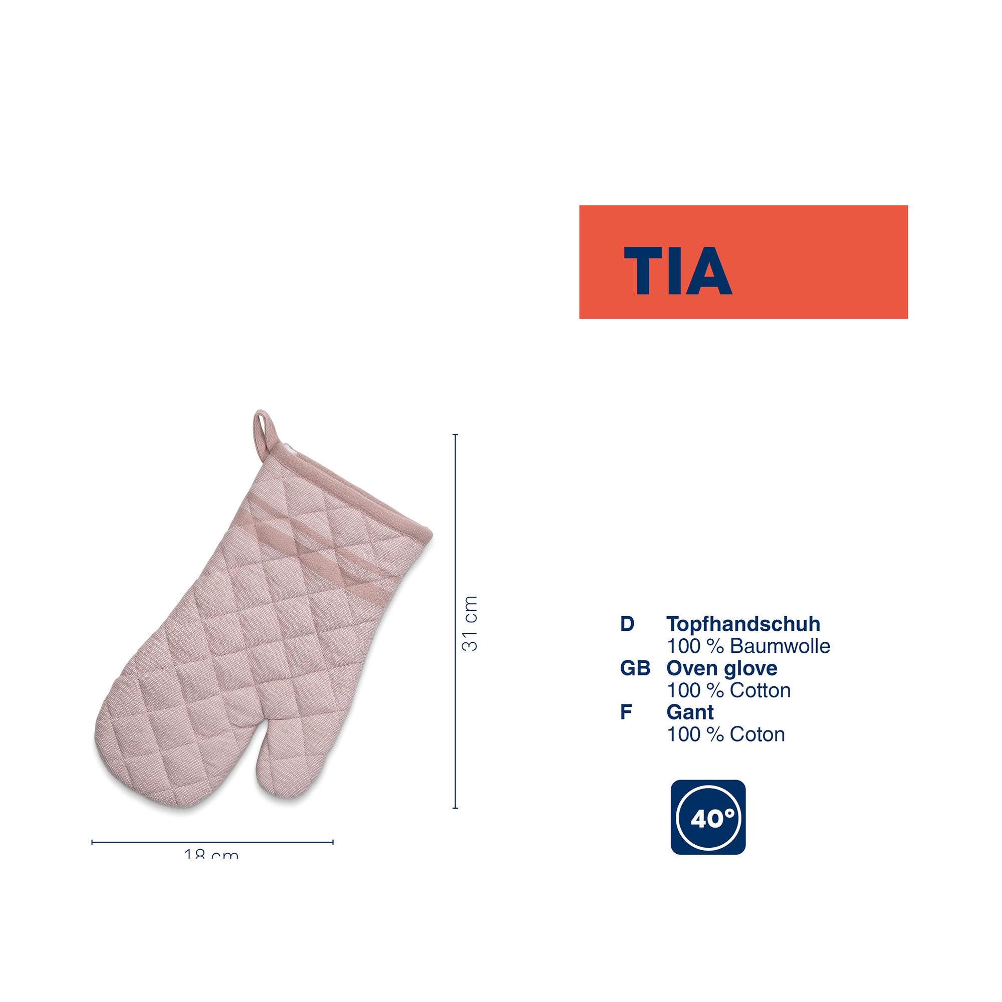 Topfhandschuh in Nougat neben einer Übersicht mit Material- und Pflegehinweisen