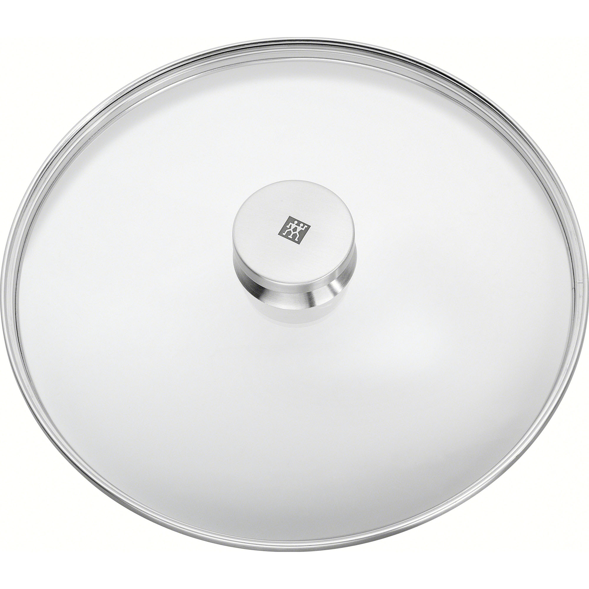 Runder Glasdeckel mit Edelstahlrand und Metallknauf, Serie Twin Specials von ZWILLING, Ø 28 cm, freigestellt auf weißem Hintergrund.