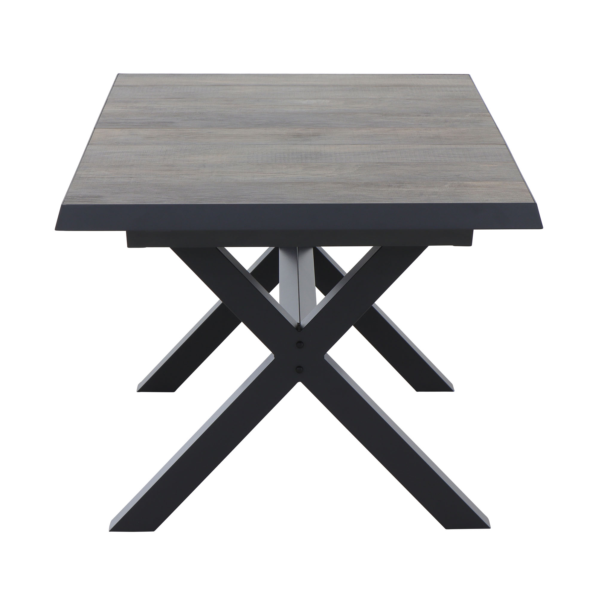 Seitenansicht des Esstischs mit massiver Holzplatte und überkreuzten schwarzen Metallbeinen.