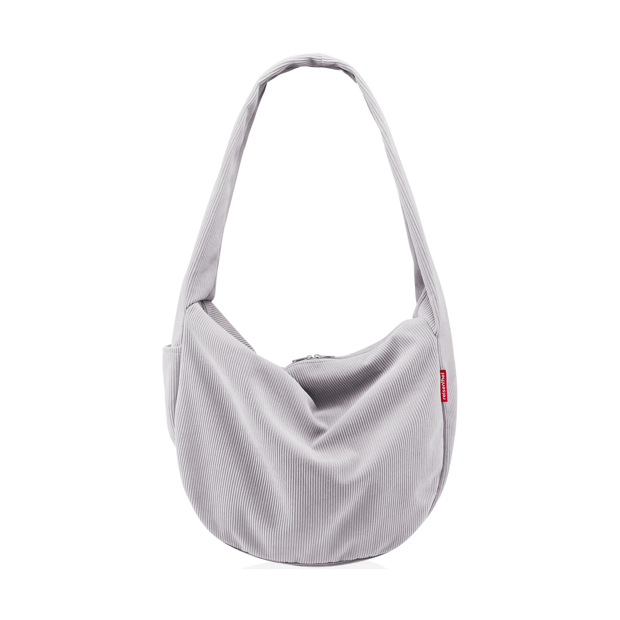 Frontansicht einer hellgrauen Reisenthel Hobo-Tasche aus Cord mit Reißverschluss