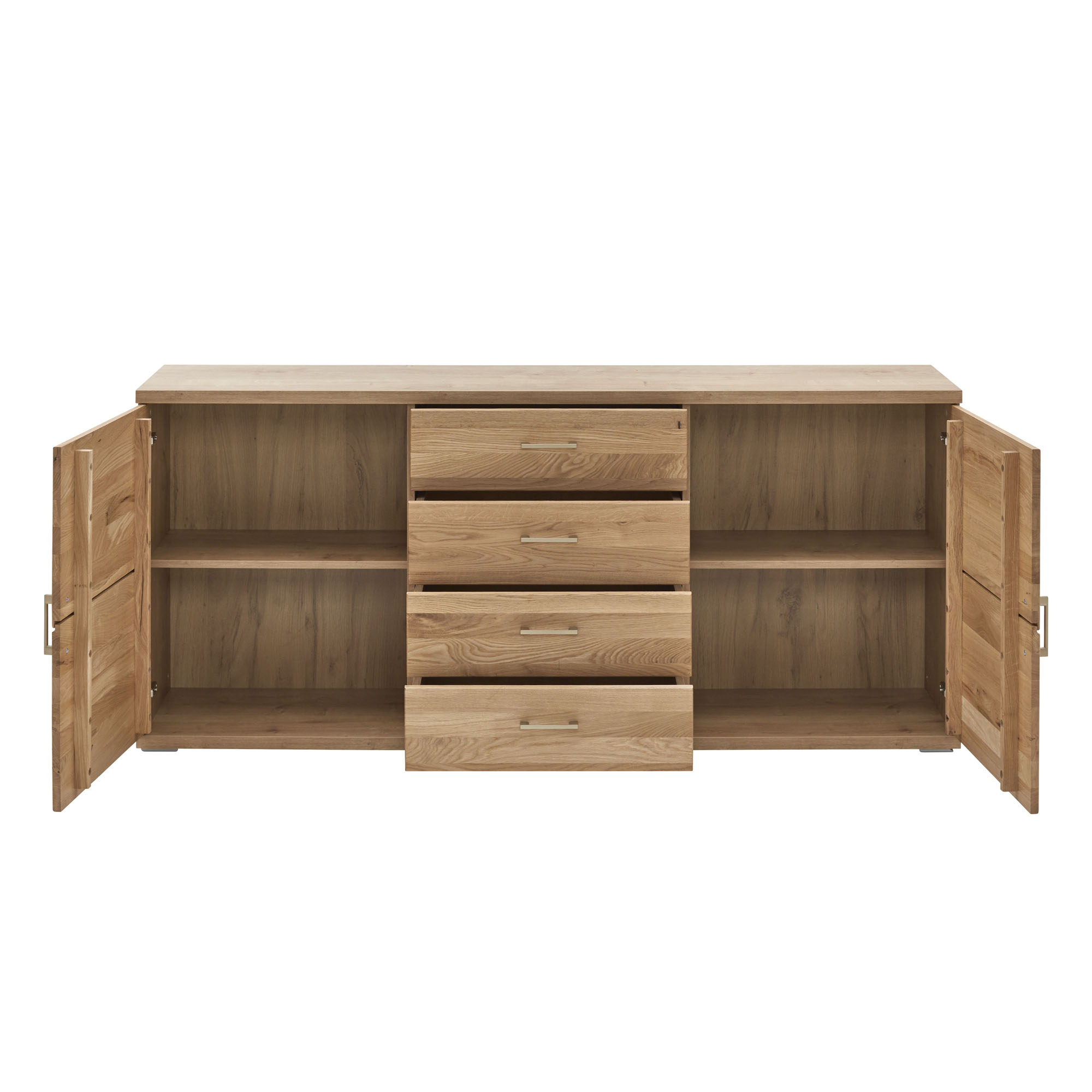 Geöffnetes Sideboard in Alteiche mit seitlichen Einlegeböden und vier Schubladen in der Mitte