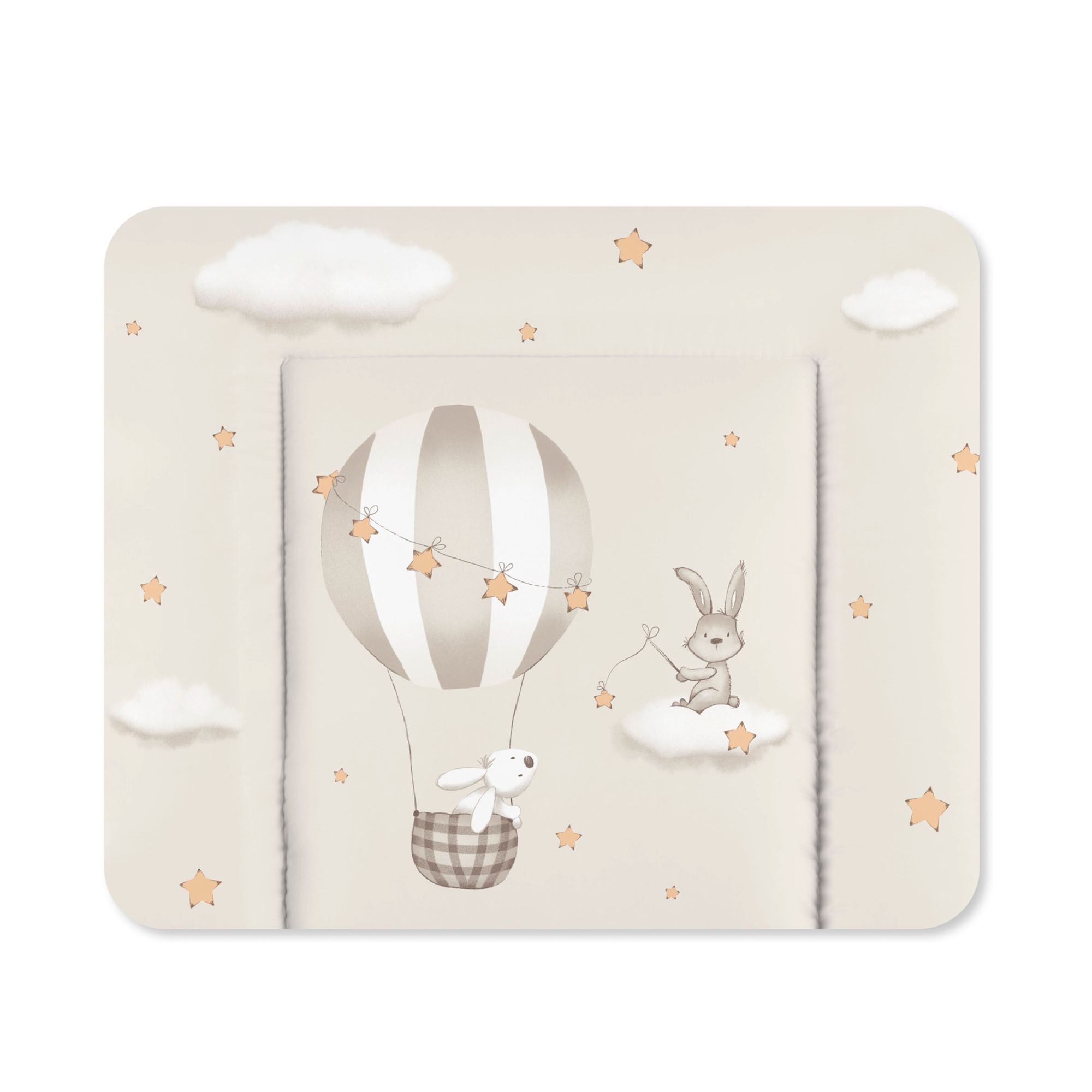 Beige Wickelauflage mit Motiv aus Häschen im Heißluftballon, Sternen und Wolken auf weißen Hintergrund