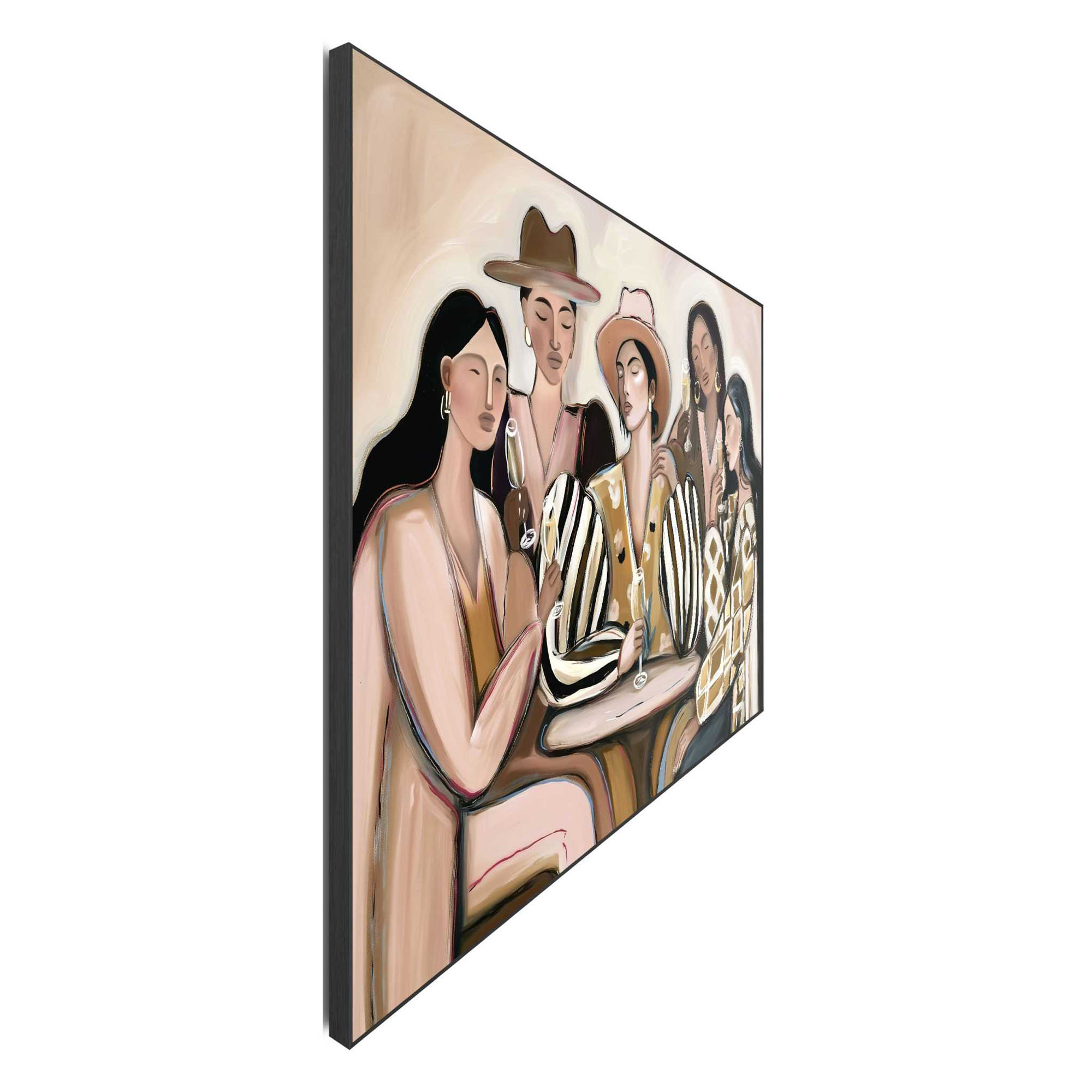 Seitliche Schrägansicht des Wandbilds „Party People“, 100 × 140 cm; Profil, Kante und Tiefe des Bildes sind erkennbar.
