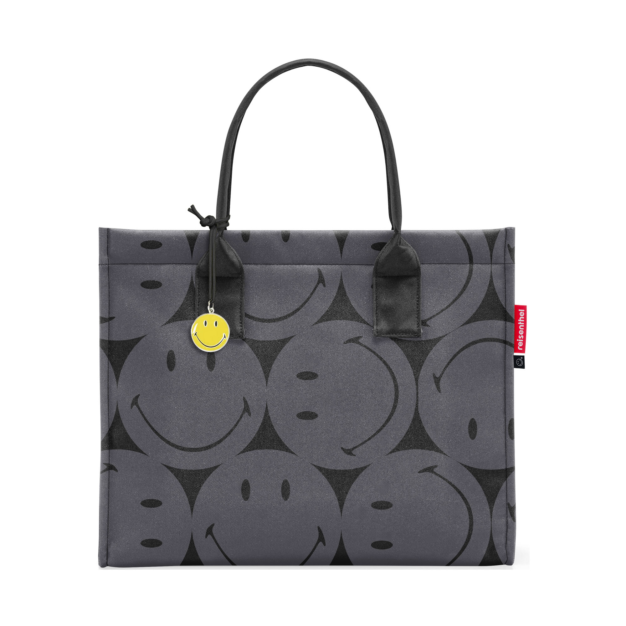 Shopper von Reisenthel, Modell Daily Shopper, in Grau mit großflächigem Smiley-Muster, von hinten mit zwei langen Tragegriffen und Smiley-Anhänger.