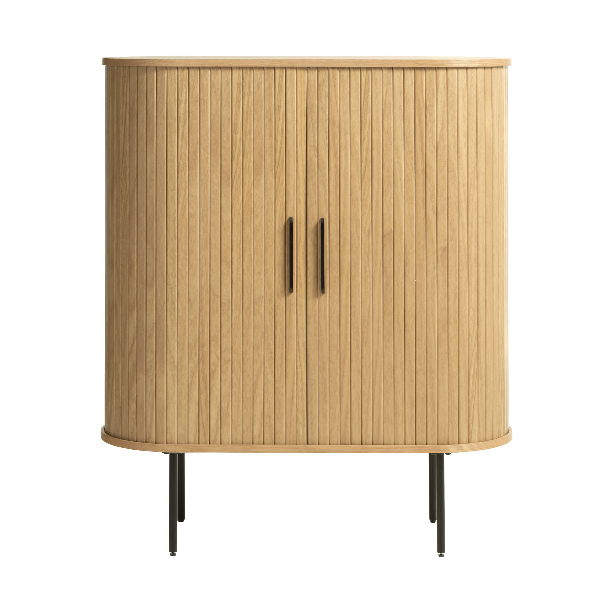 Moderner Schrank aus hellem Holz mit schwarzen Griffen und schmalen Beinen