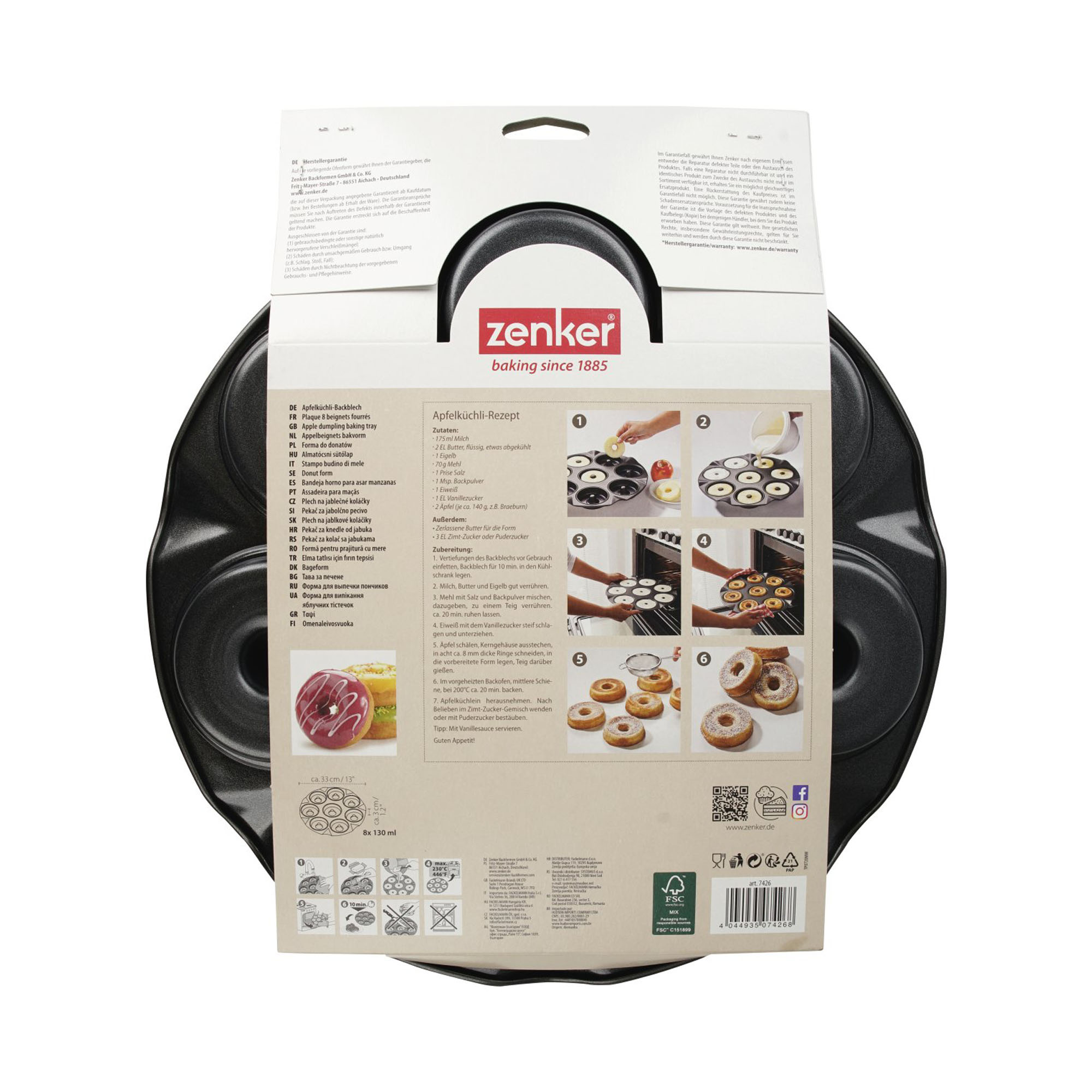 Rückseite der Verpackung einer Donut Backform mit Rezept, Schritt für Schritt Anleitung und Produktinfos