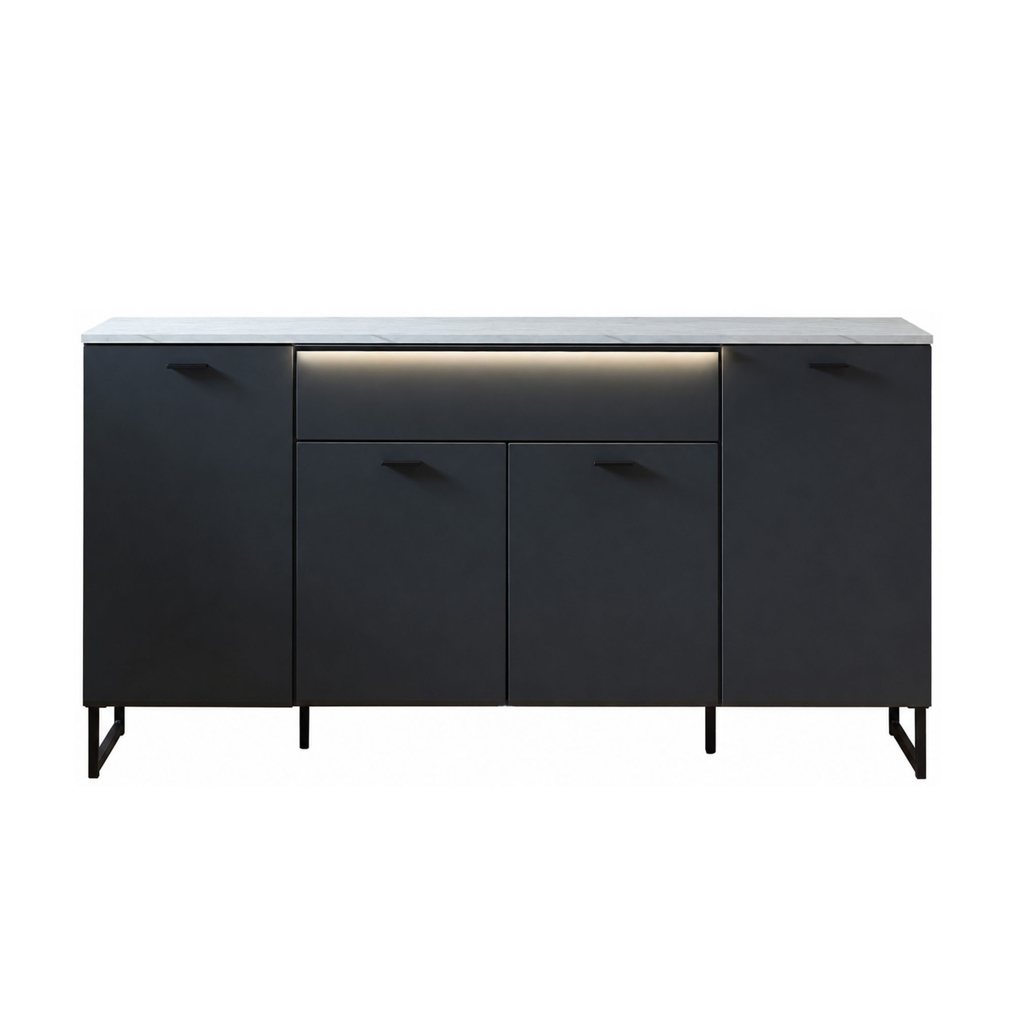Breites schwarzes Sideboard mit mehreren Türen, Schublade, heller Platte und indirekter Beleuchtung unter der oberen Front