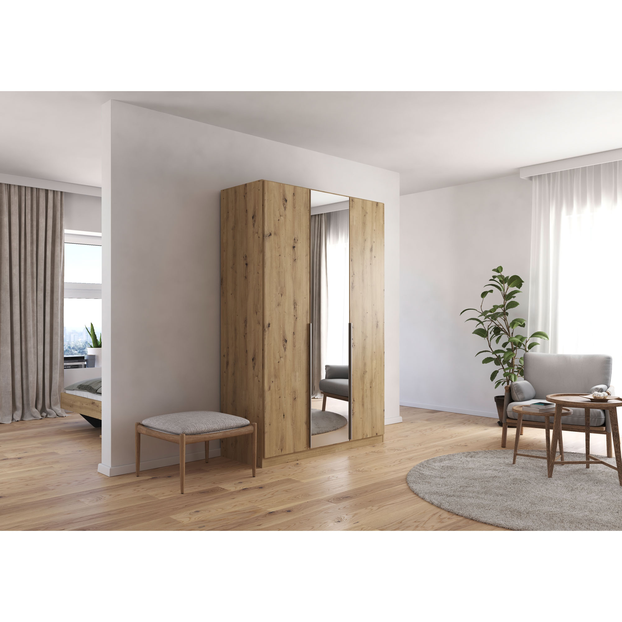 Kleiderschrank in Eiche Artisan mit Spiegeltür in einem hellen Schlafzimmer mit Holzfußboden und moderner Einrichtung