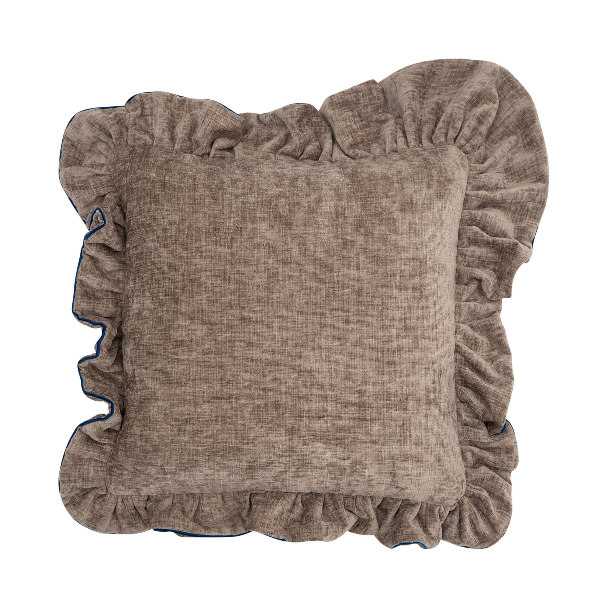 Braun-blaue Kissenhülle Romance, 43 × 43 cm, mit breiter umlaufender Rüschenkante und strukturierter Mitte.