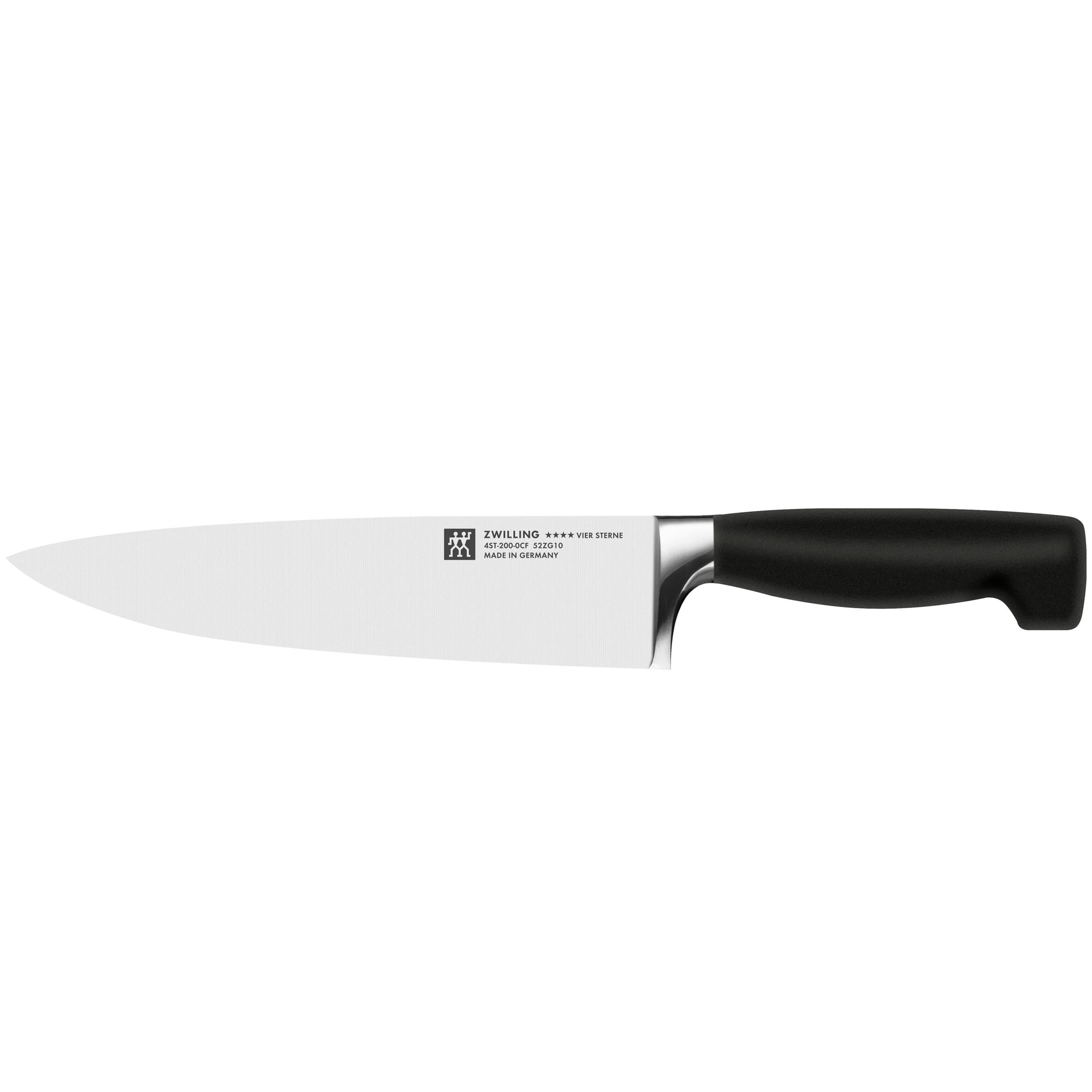Kochmesser mit breiter Klinge und Griff, Serie Vier Sterne von ZWILLING, Klingenlänge 200 mm, freigestellt auf weißem Hintergrund.