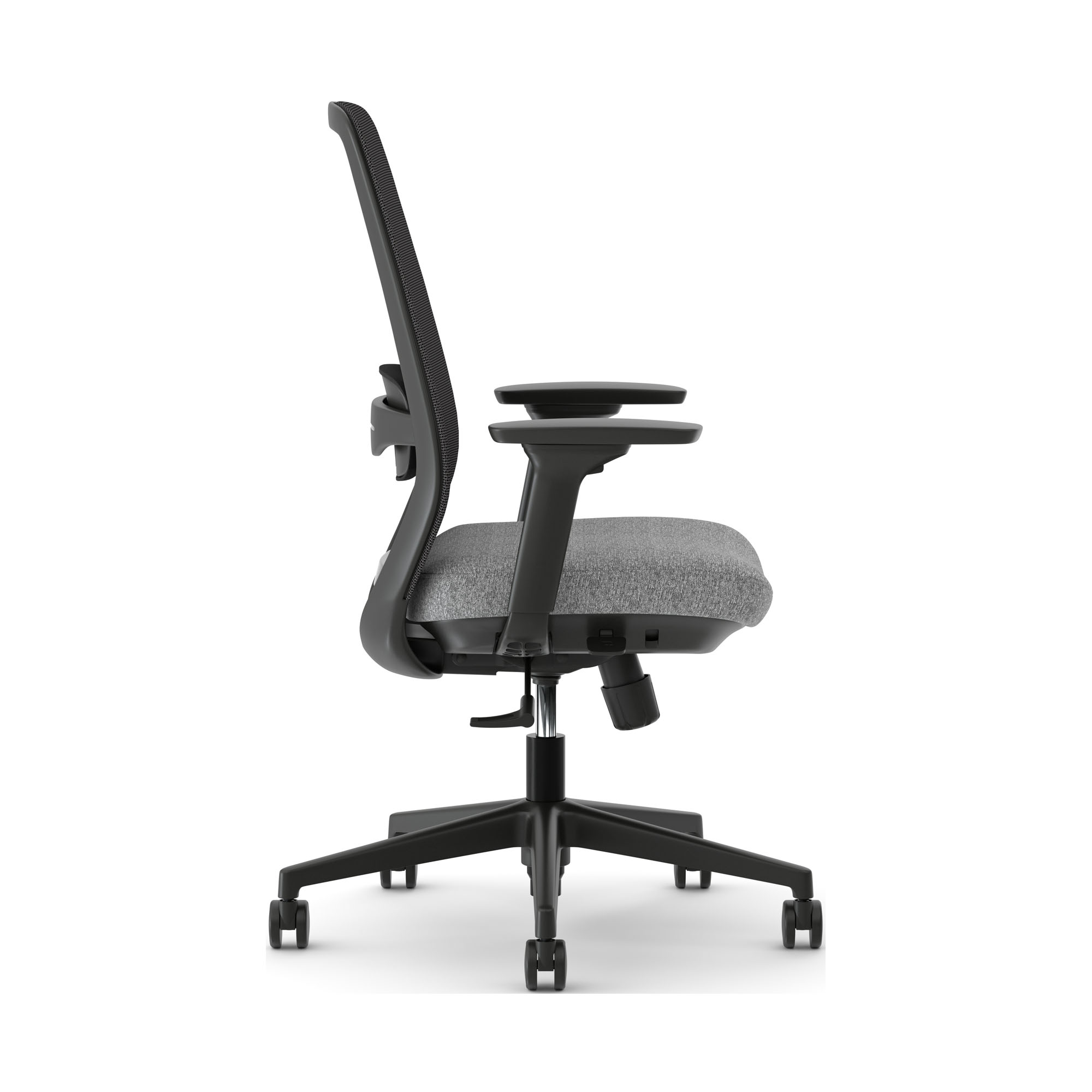 Drehstuhl Elovie im Seitenprofil mit schwarzem Netzrücken, grauem gepolstertem Sitz, Armlehnen und Rollen.