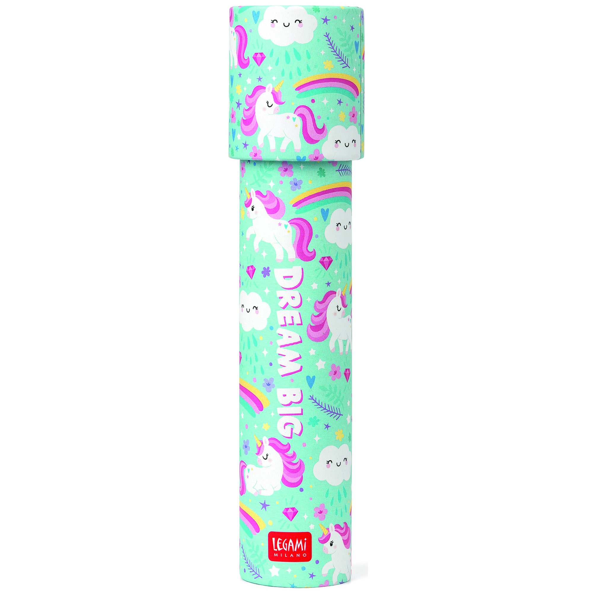 Mintfarbenes Kaleidoskop im Einhorn-Design, senkrecht und vollständig auf weißem Hintergrund dargestellt.