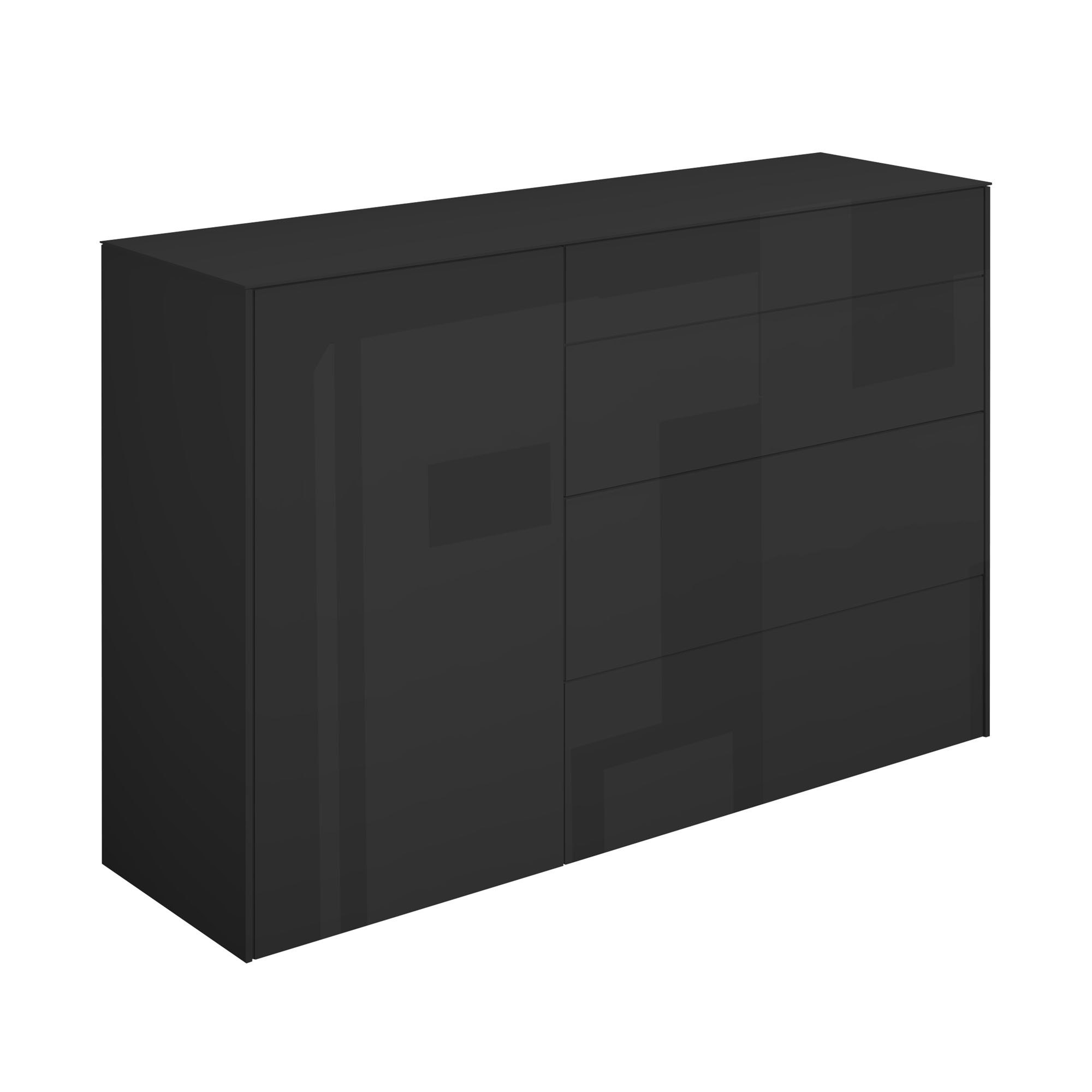 Modernes Sideboard in Hochglanz Schwarz mit glatter Oberfläche, zwei Türen und drei zentralen Schubladen in perspektivischer Ansicht