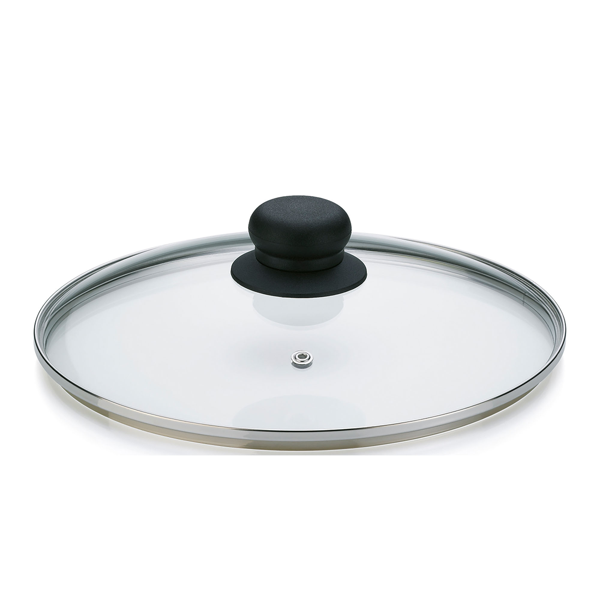 Runder transparenter Glasdeckel mit schwarzem Griff und Metallrand auf hellem Hintergrund
