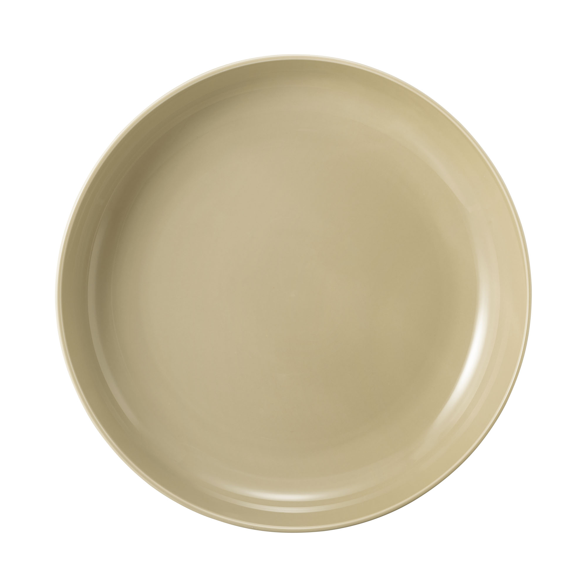 Schale in Sandbeige. Sichtbare Merkmale: rund und flach mit geriffelter Außenseite. Darstellung: Draufsicht.