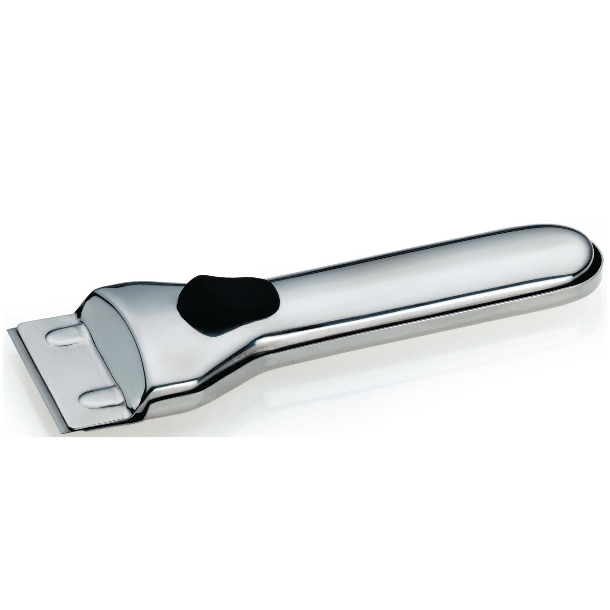 Kochfeldreiniger in Silber glänzend mit langem Griff schwarzer Griffmulde und flacher Schaberklinge