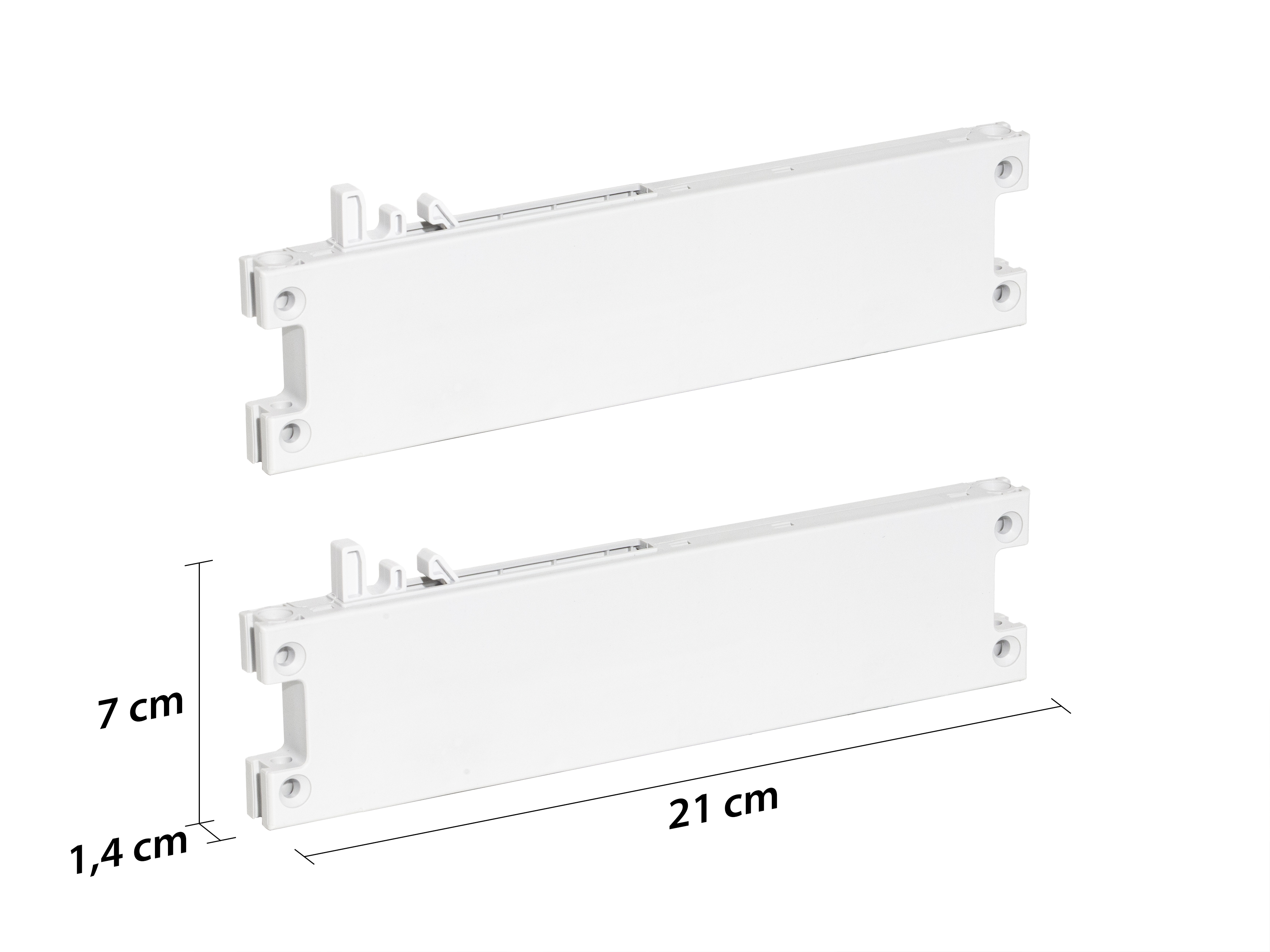 Zwei weiße Schubladendämpfer mit Befestigungspunkten, daneben Maßangaben 21 cm Länge, 7 cm Höhe und 1,4 cm Tiefe