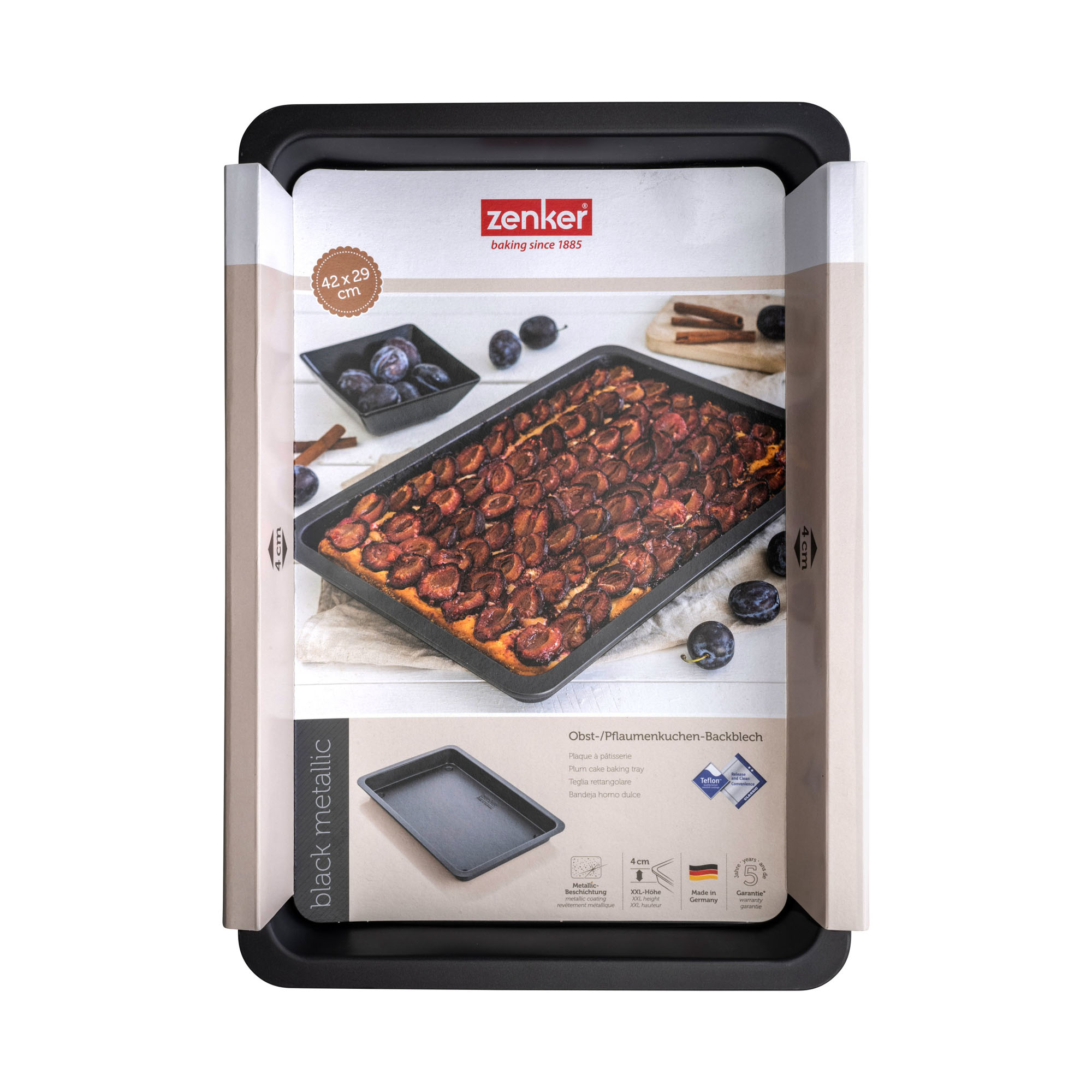 Backblech 42x29 cm mit Produktverpackung und Kuchenmotiv