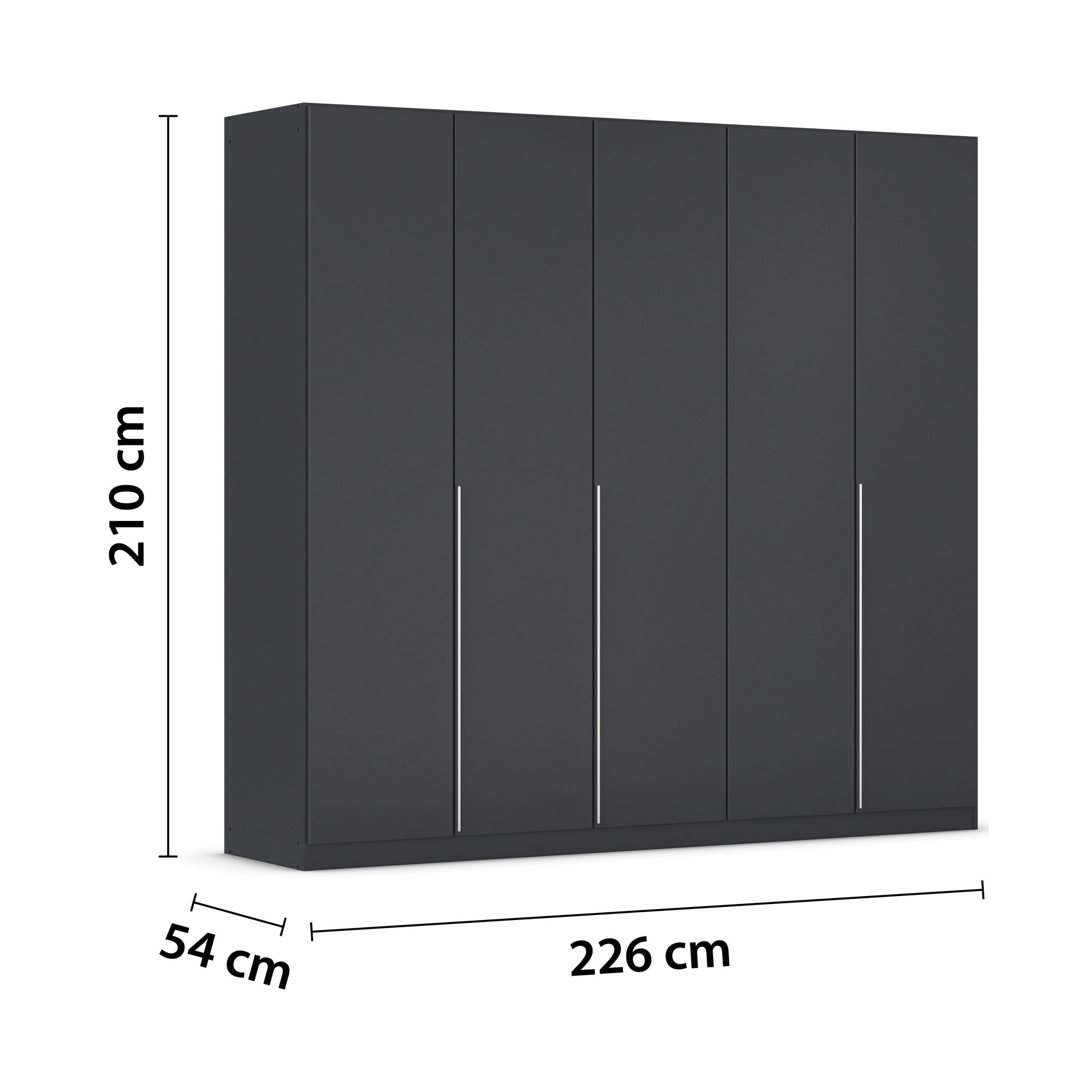 Grau-Metallicer Kleiderschrank mit eingezeichneten Maßen von 226 cm Breite, 210 cm Höhe und 54 cm Tiefe