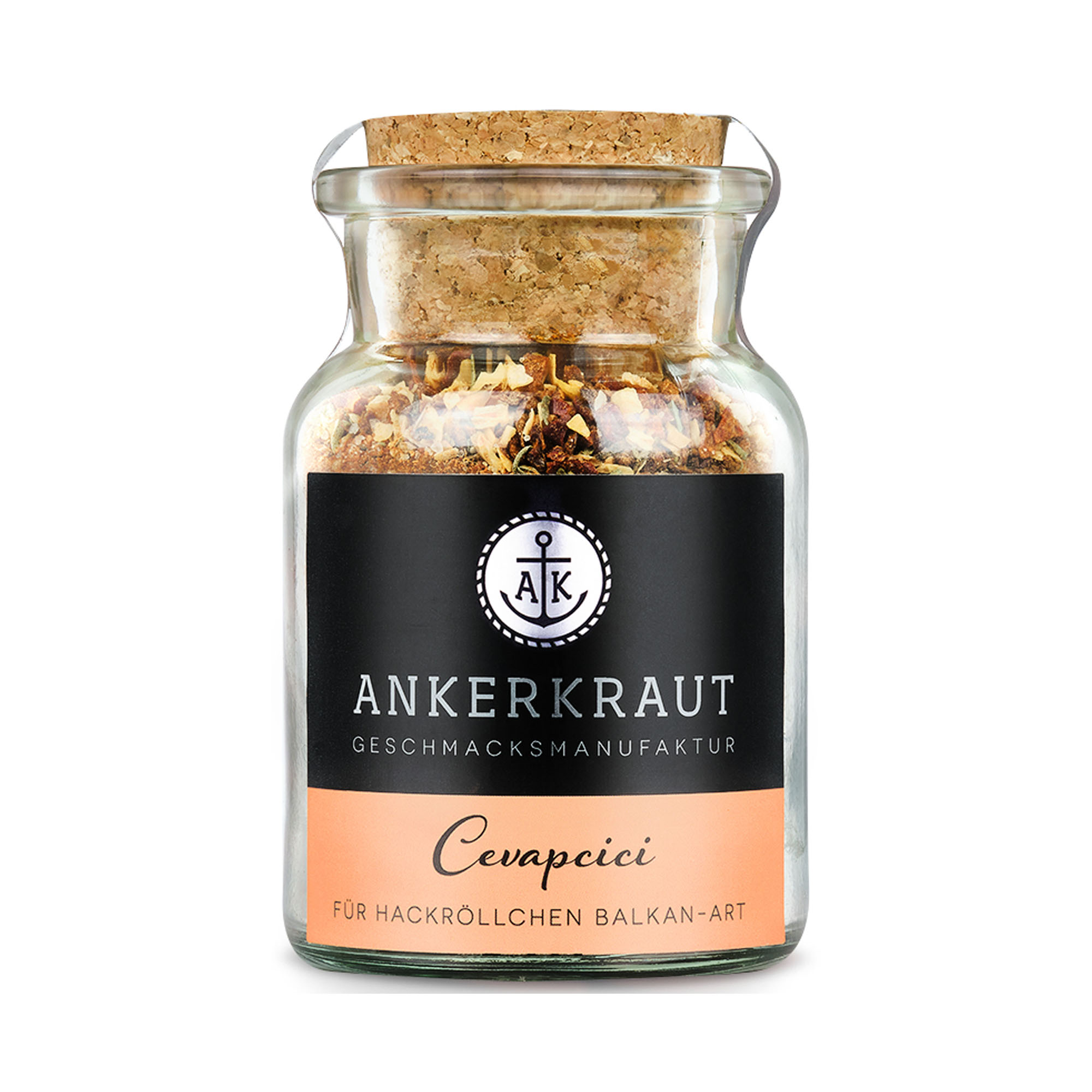 Ankerkraut Cevapcici in einem durchsichtigen Korkenglas mit schwarzem Etikett und orangefarbenem Schriftfeld.