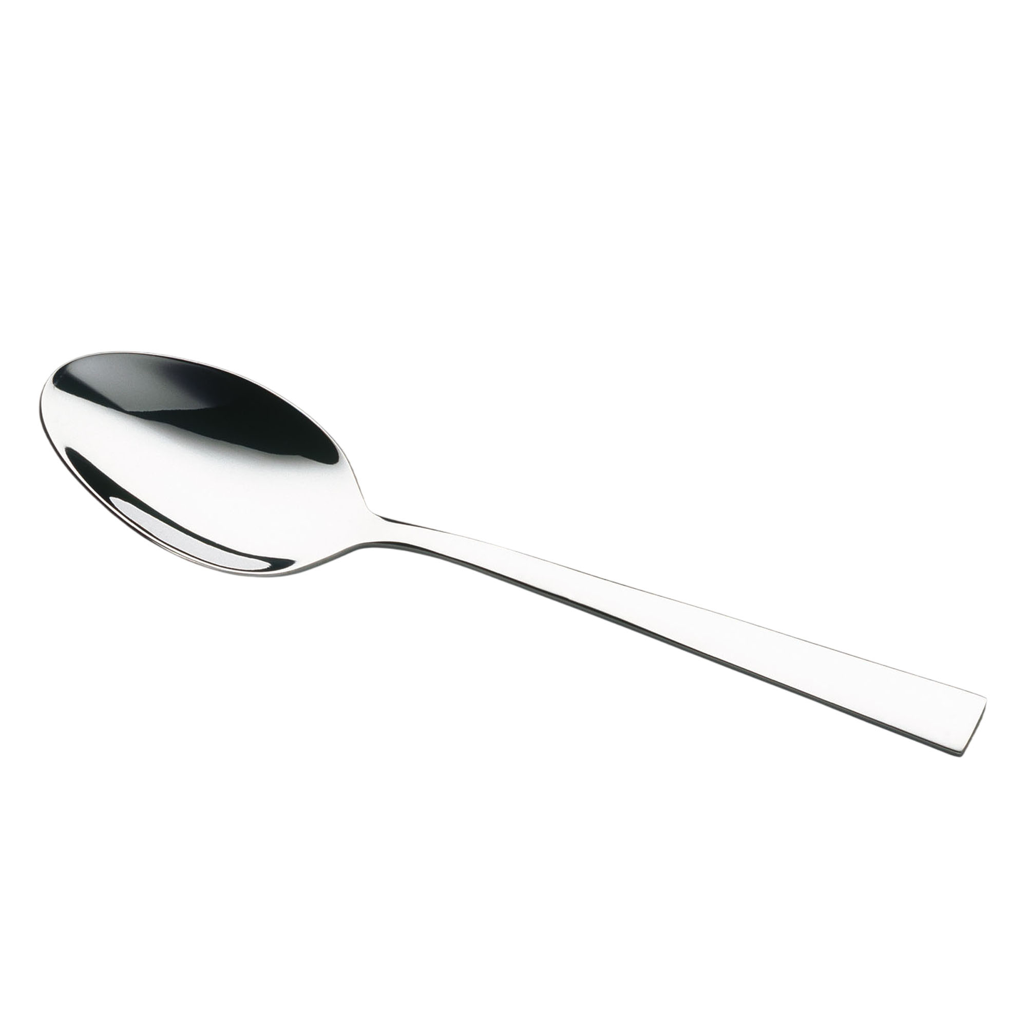 Kaffeelöffel Fusion: polierter Fusion Kaffeelöffel aus Edelstahl mit kleiner ovaler Laffe und geradlinigem Griff, diagonal freigestellt.