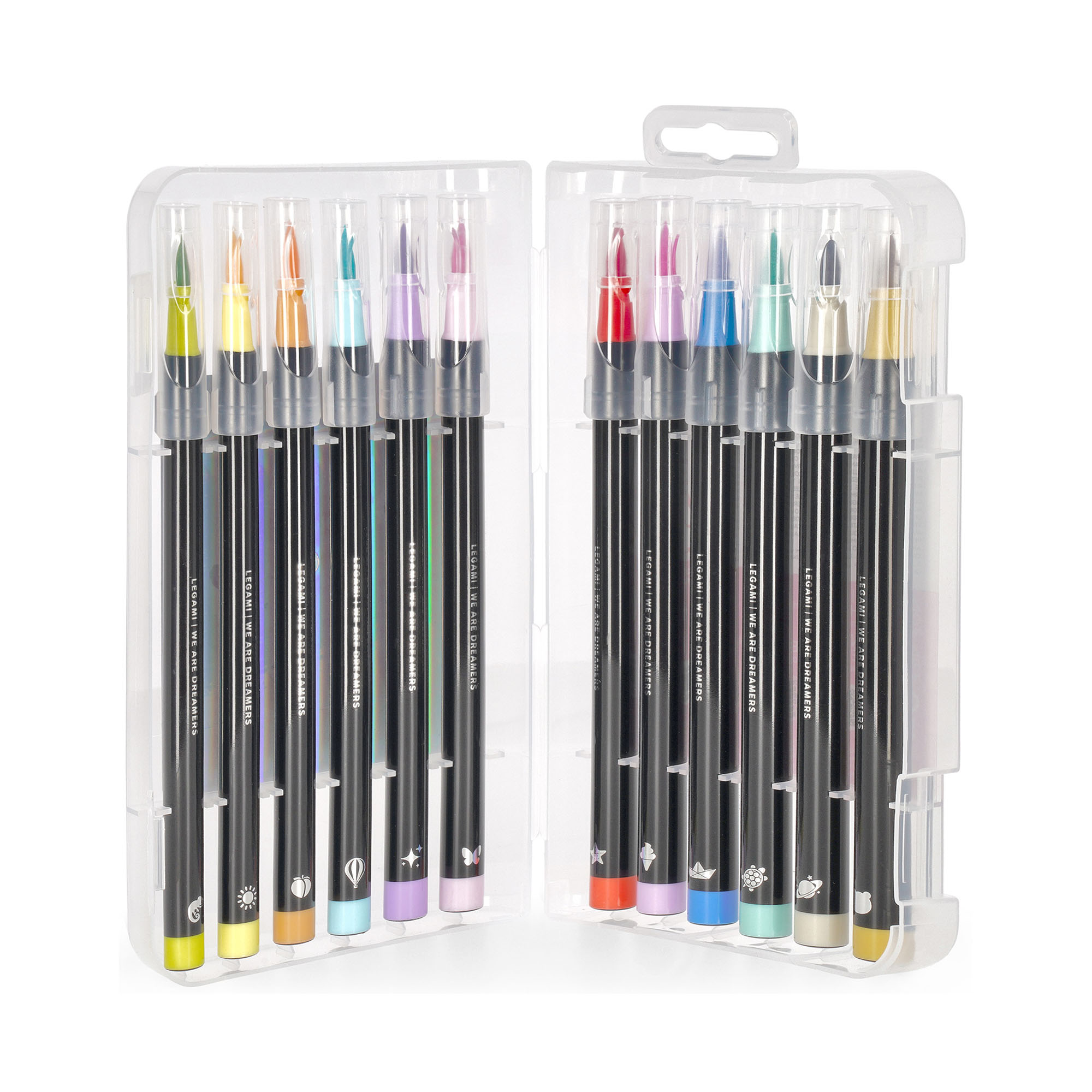 Zwölf Brushpens in Pastellfarben, in geöffneter Box mit zwei Reihen Brushpens gezeigt.