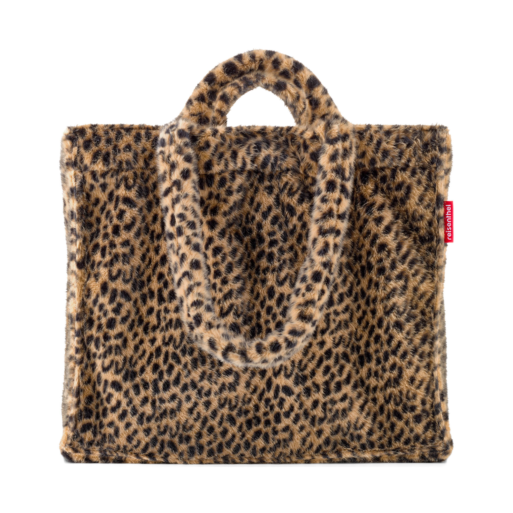 Shopper von Reisenthel, Modell Softshopper, in Braun und Schwarz mit Leopardenmuster aus Fellimitat, frontal mit zusammengelegten kurzen Tragegriffen
