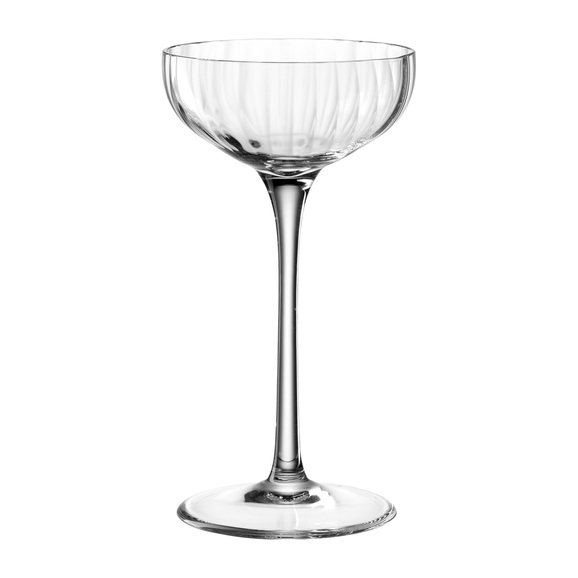 Breite Cocktailschale aus klarem Glas mit feiner Struktur und langem Stiel
