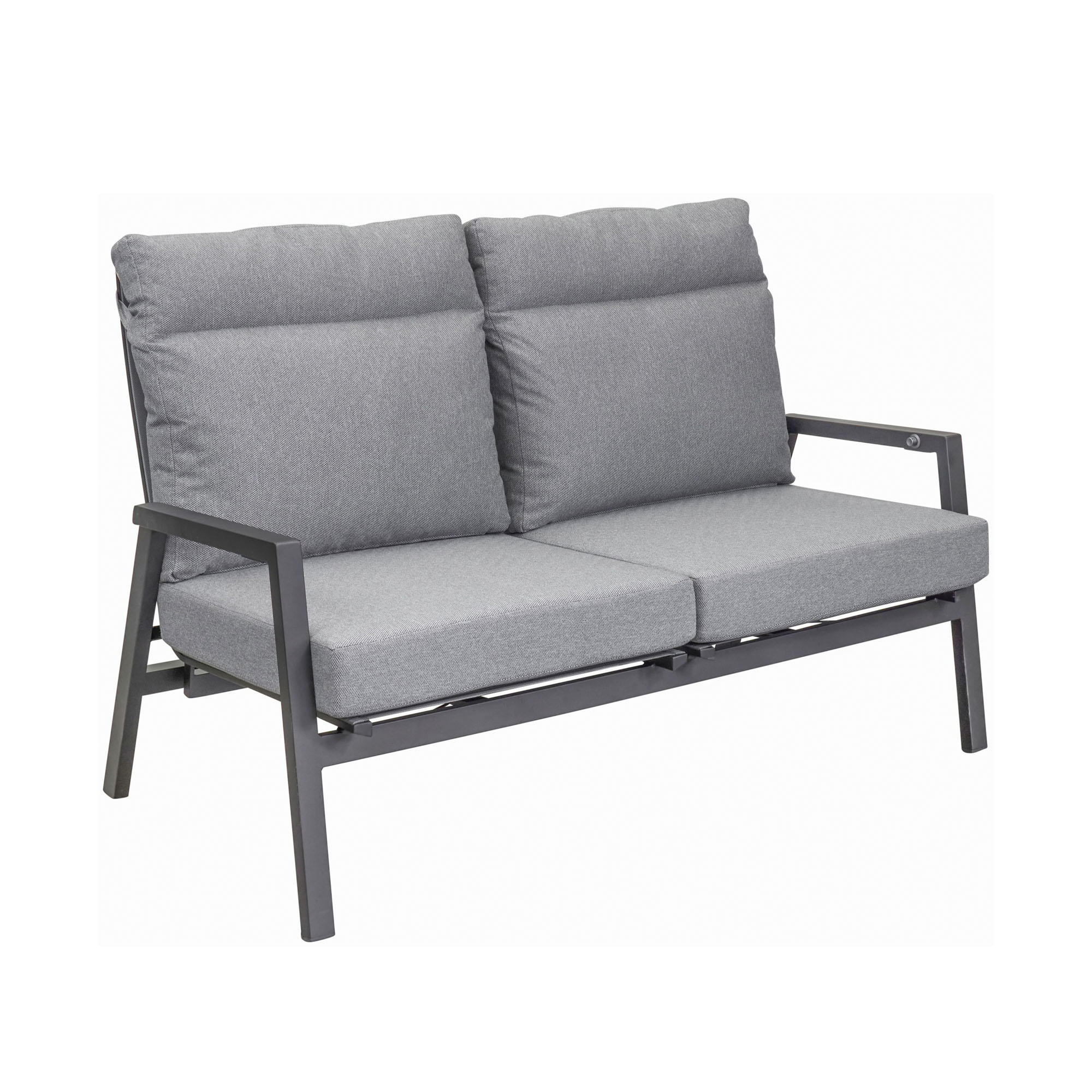 Gartensofa mit zwei Sitzplätzen und Polsterauflagen vor weißem Hintergrund