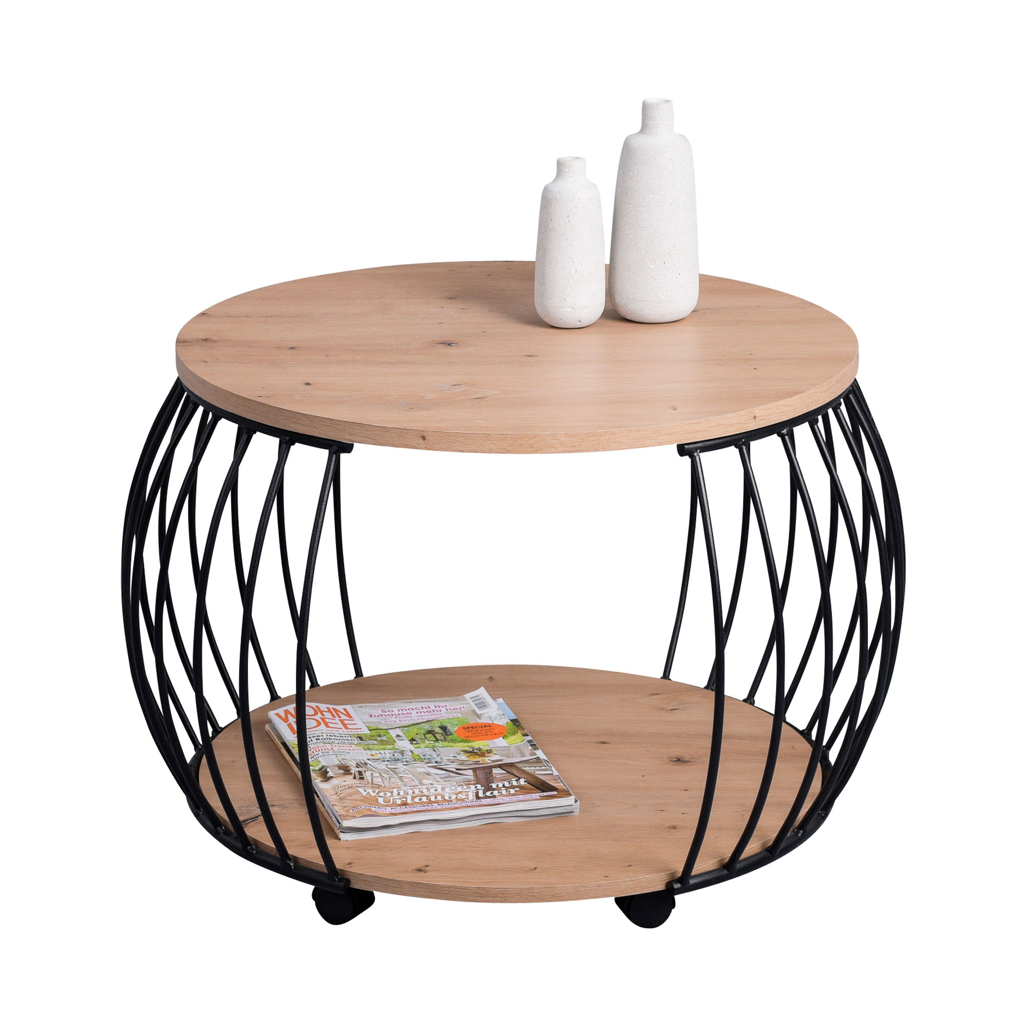 Runder Couchtisch mit heller Holzplatte und unterem Ablageboden aus Holz, schwarzes Drahtgestell in bauchiger Form, dekoriert mit zwei weißen Vasen und einer Zeitschrift