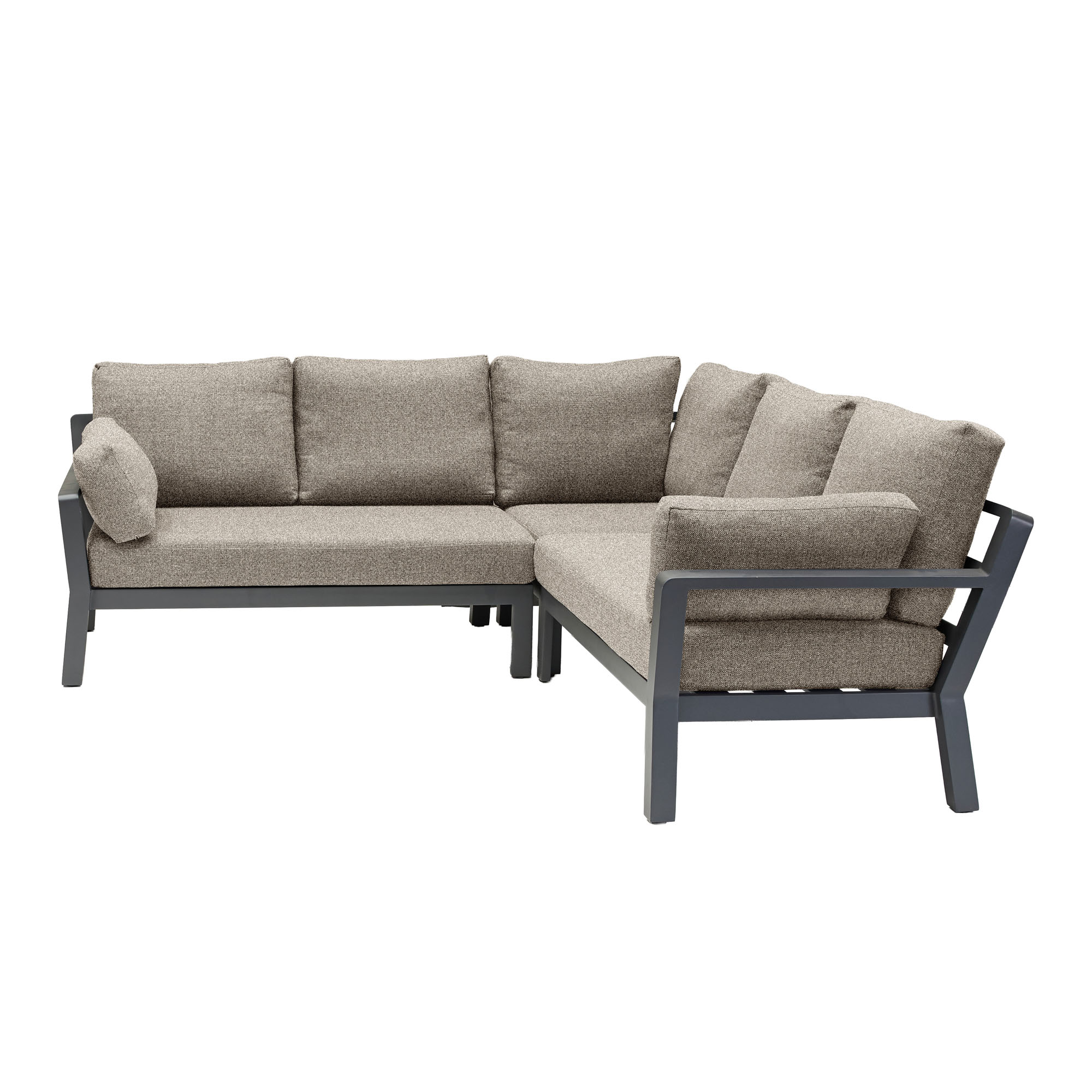 Ecksofa in L Form mit Sitz und Rückenkissen, seitliche Ansicht von links