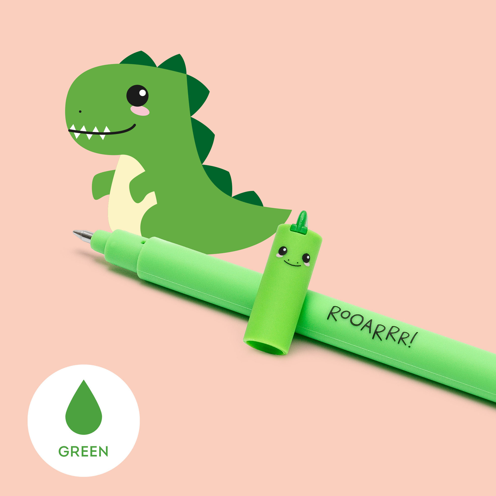 Grüner Gelstift mit großer Dinosaurierfigur als Kappe vor rosafarbenem Hintergrund; ein Farbsymbol kennzeichnet grüne Tinte.