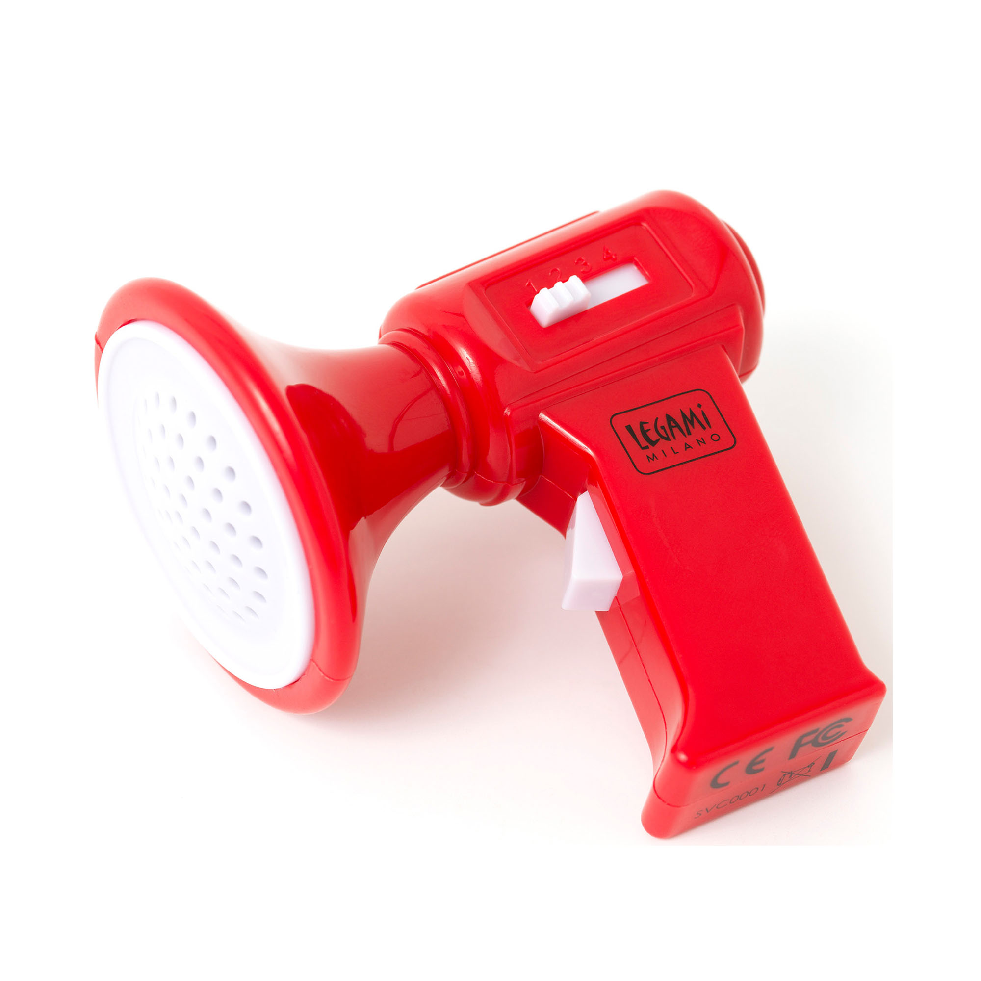 Roter Mini-Stimmenverzerrer, schräg von vorn mit sichtbarem Lautsprechertrichter gezeigt.