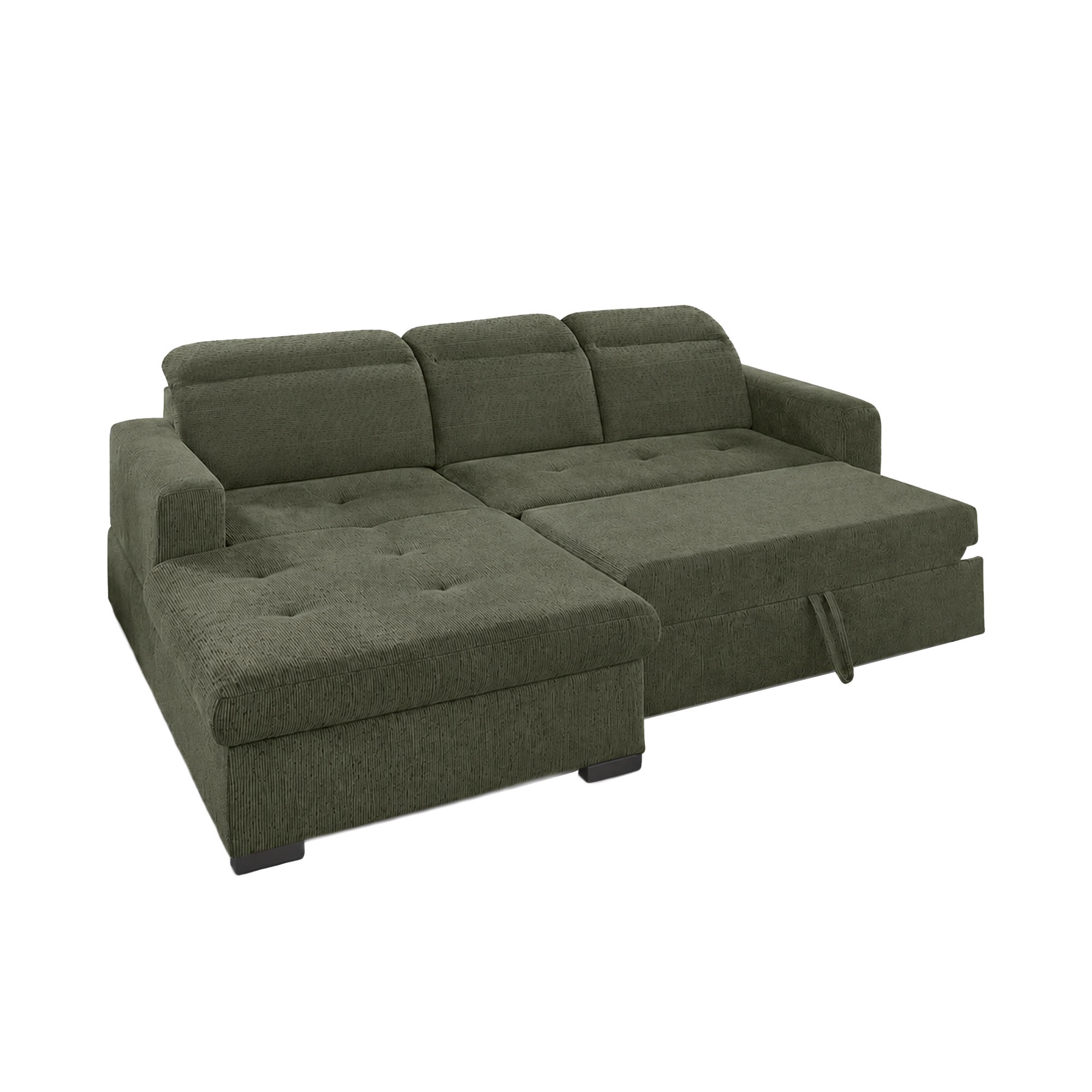 Grünes Ecksofa in Cord-Optik mit Ottomane links und ausgezogener Liegefläche für zusätzlichen Schlafkomfort