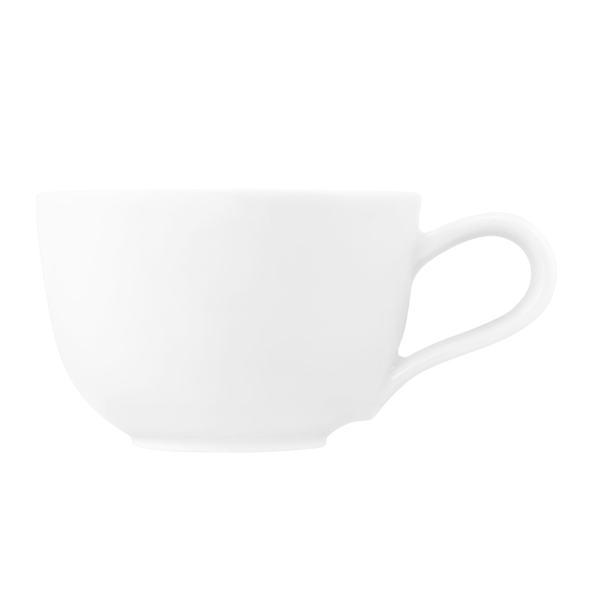 Tasse in Weiß. Darstellung: Ansicht der zweiten Seite. Merkmale: kompakte geradlinige Form mit eckigem Henkel.