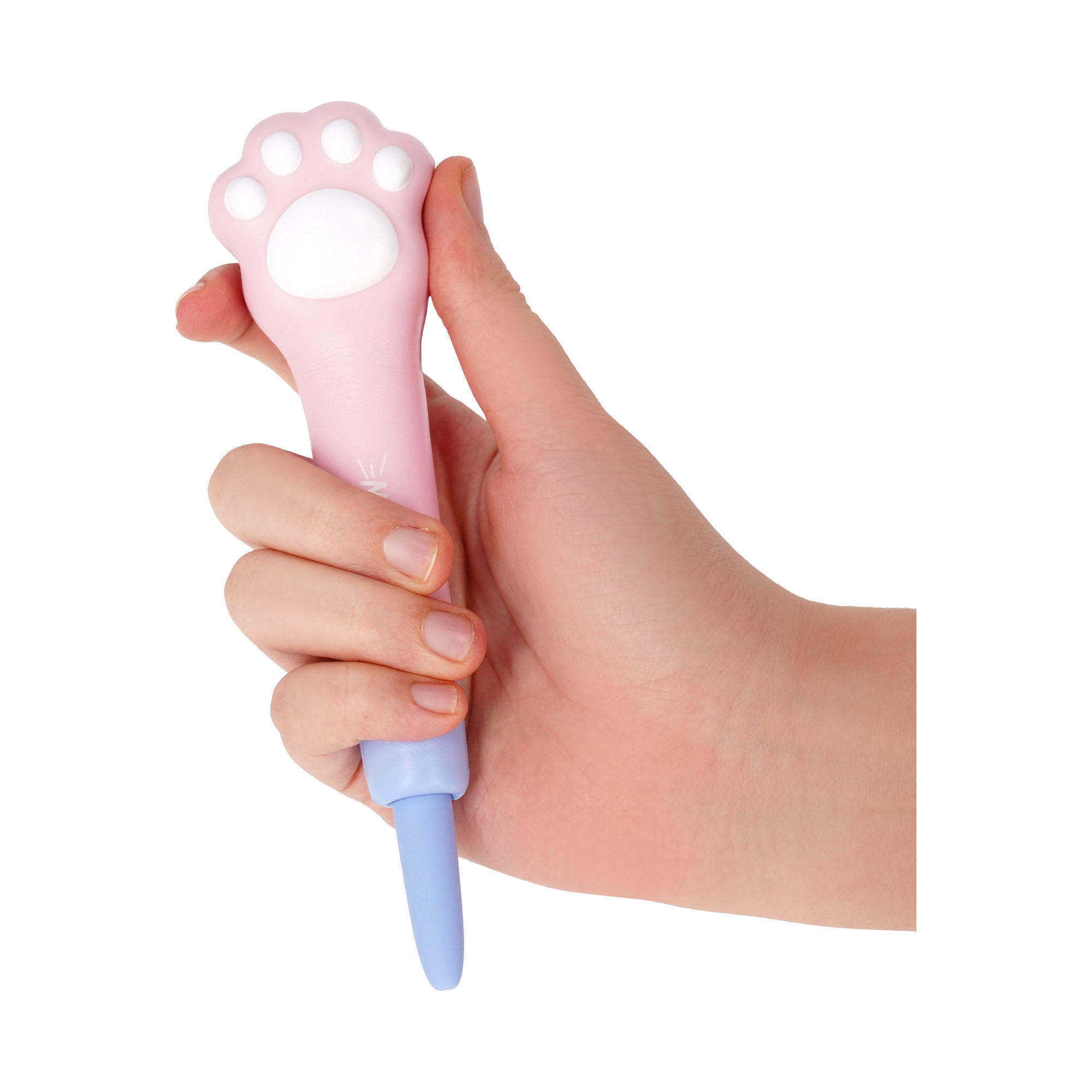Rosa-blauer Gelstift mit weichem Katzenpfoten-Aufsatz, aufrecht in einer Hand gehalten gezeigt.