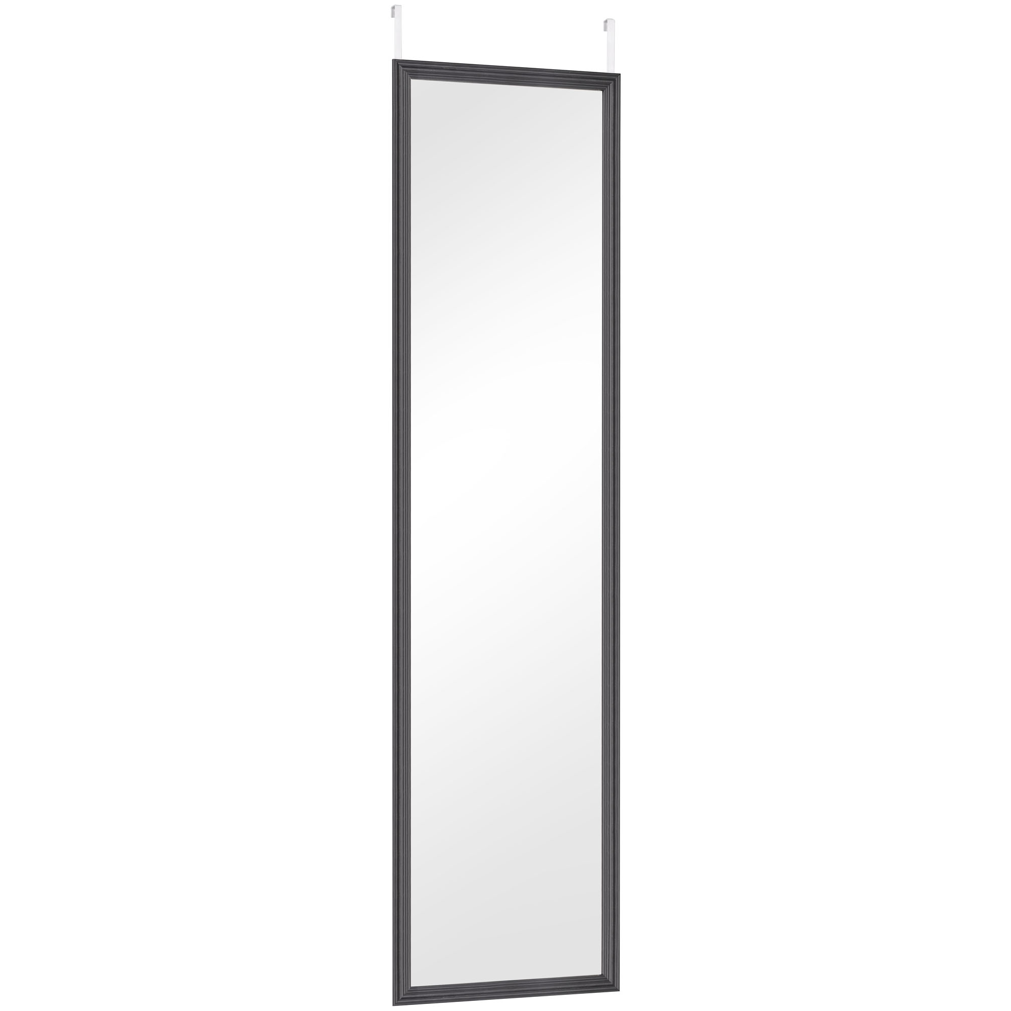 Türhängespiegel Bea in Schwarz, freigestellt in vollständiger Ansicht; zu sehen ist die schmale rechteckige Spiegelfläche mit Vorrichtung zum Einhängen an einer Tür; Maße ca. 30 x 120 x 1,5 cm.