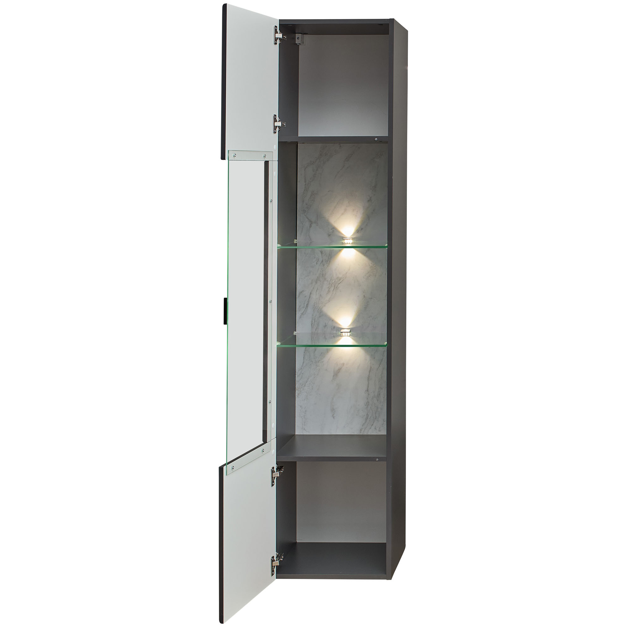 Geöffnete Vitrine in Anthrazit mit Glastür, Glasböden, LED-Beleuchtung und praktischem Stauraum.