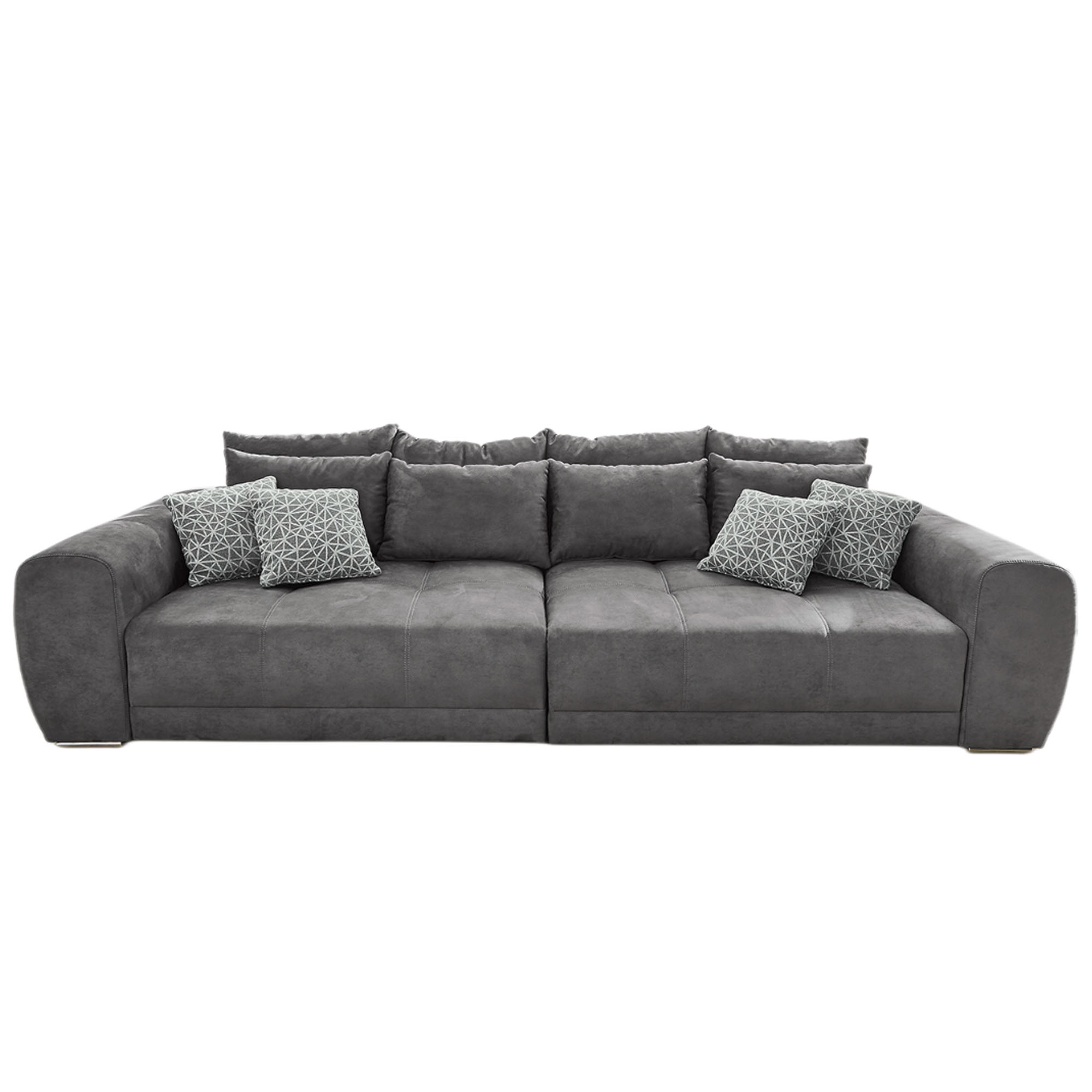Bigsofa in Grau, Stellmaß 134x306 cm, mit großen Kissen in Dunkelgrau und kleinen Kissen in Hellgrau