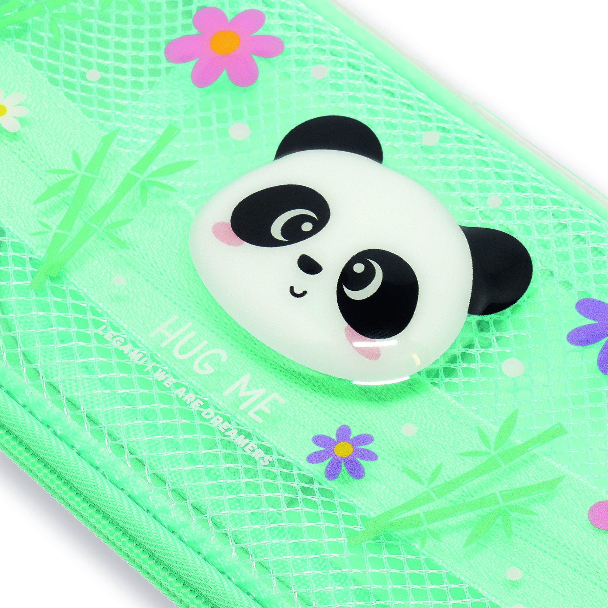 Mintgrünes Federmäppchen im Panda-Design, in Nahaufnahme mit Pandagesicht und Blumen auf mintfarbenem Grund gezeigt.