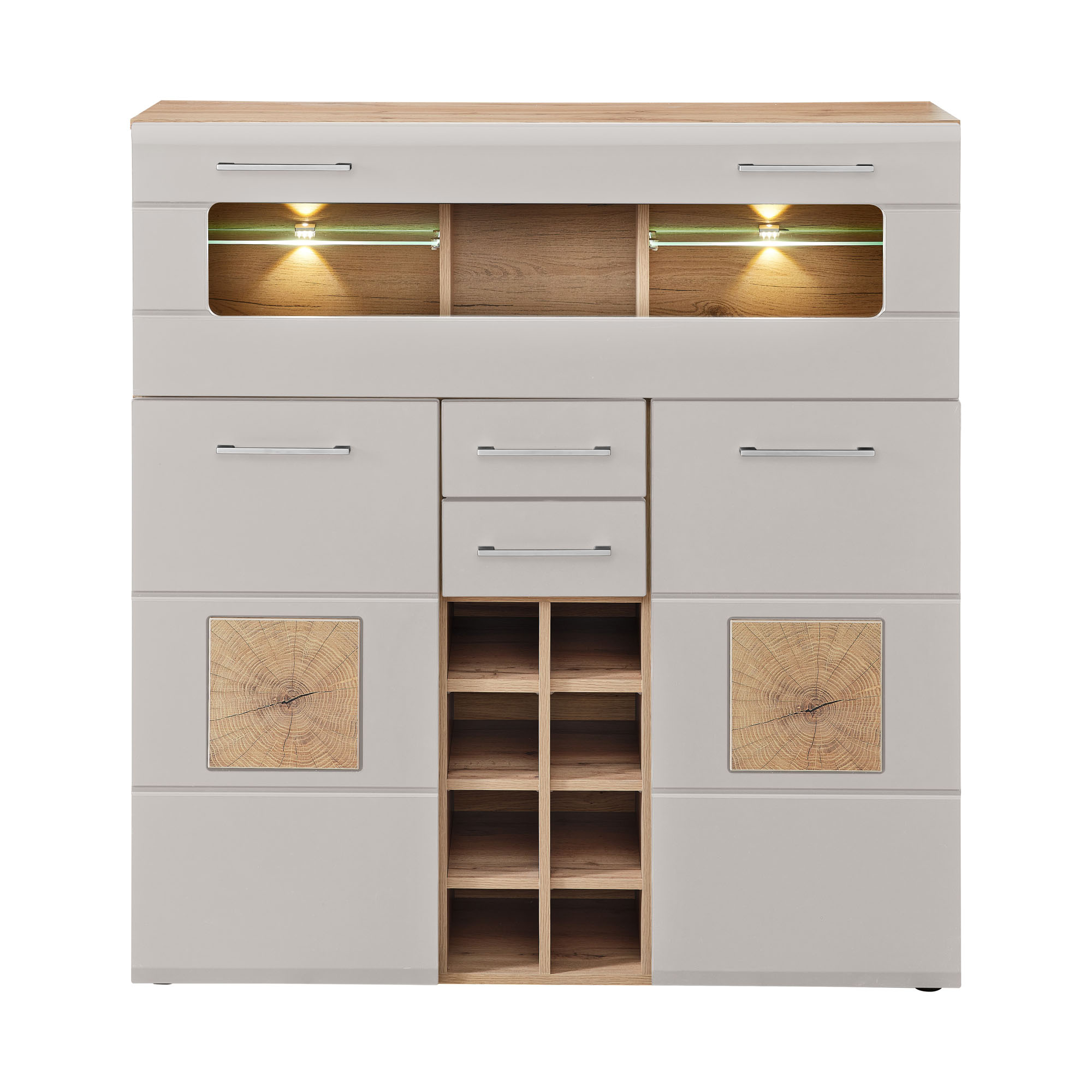 Modernes Highboard in Kaschmir und Eiche mit beleuchteten Glasfächern, Schubladen und integriertem Weinregal.