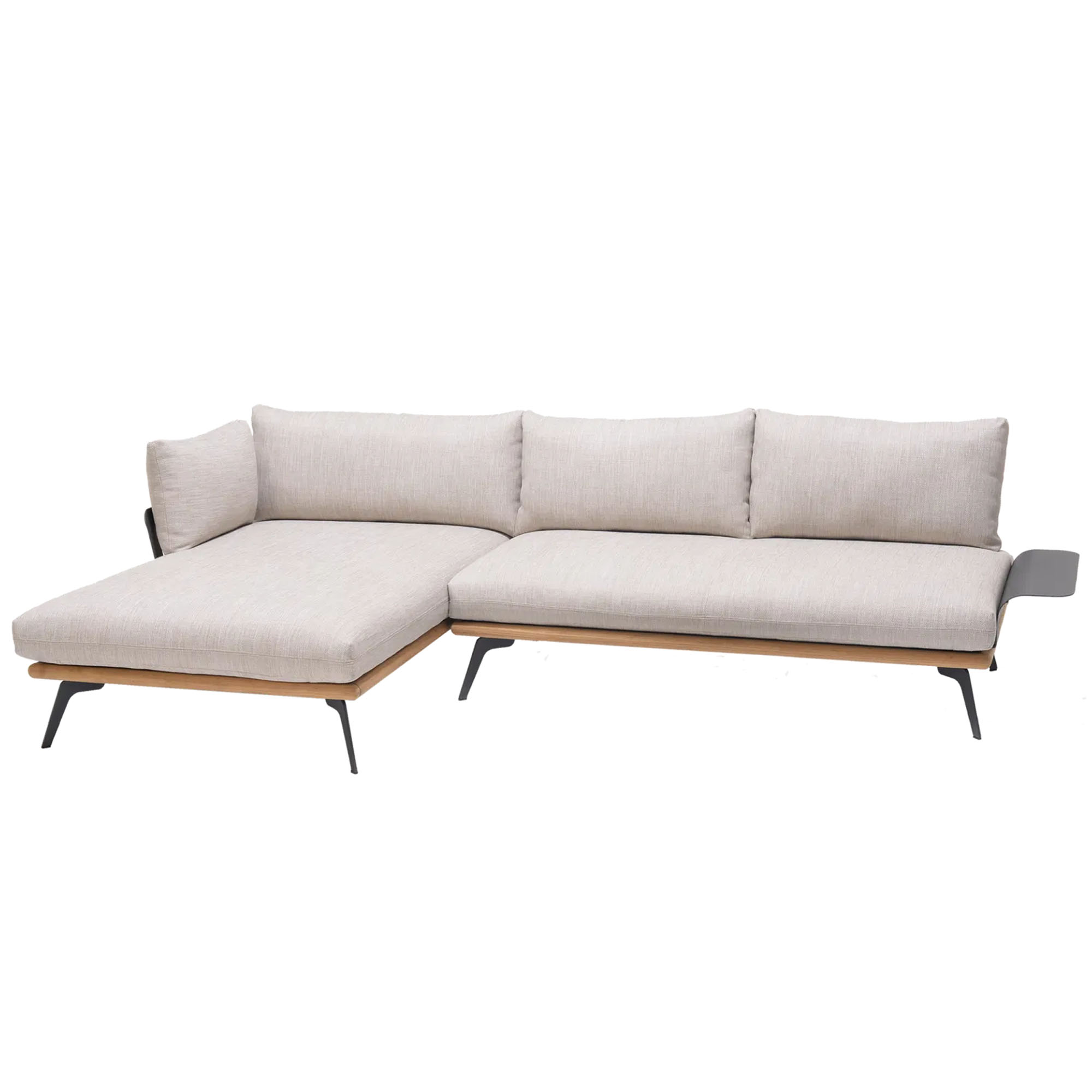 Garten Ecksofa mit Liegeelement, gepolsterten Sitz und Rückenkissen sowie Metallgestell auf weißem Hintergrund