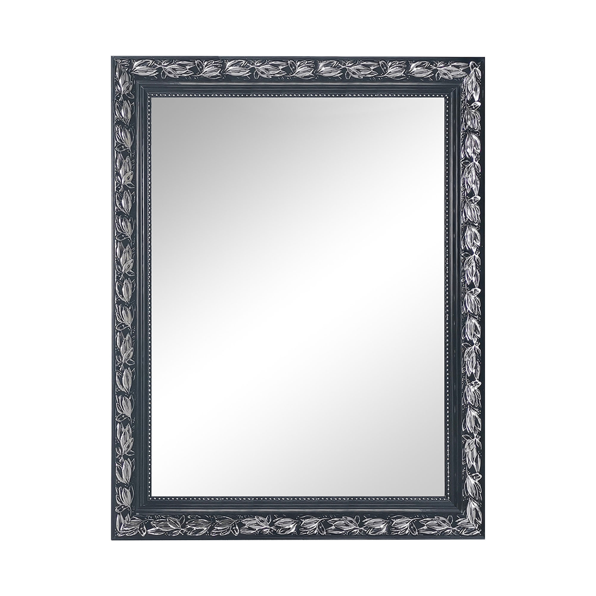 Spiegel Sonja in Schwarz-Silber, freigestellt in einer zweiten Gesamtansicht; zu sehen ist die rechteckige Spiegelfläche mit ornamentiertem Rahmen; Maße ca. 55 x 70 x 3,5 cm.