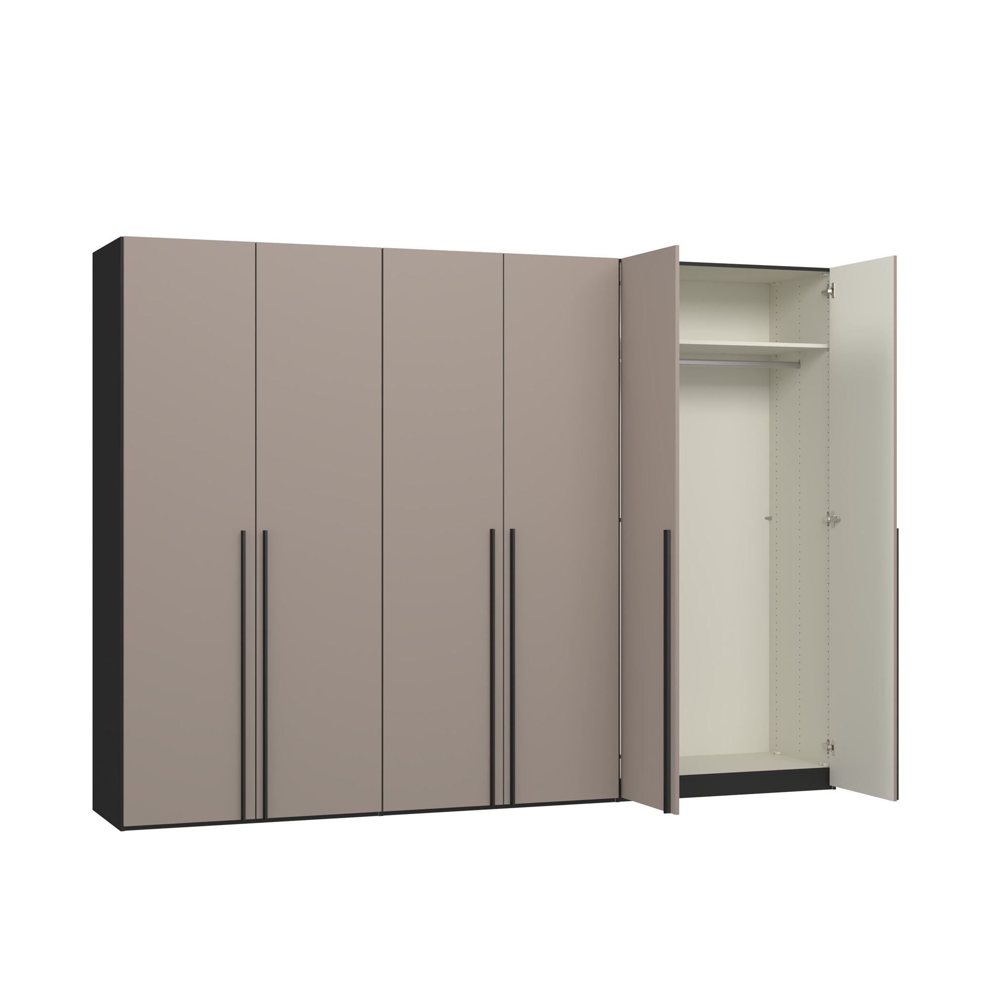 Sechstüriger Kleiderschrank mit geöffneten Drehtüren auf der linken Seite und sichtbarem Innenraum
