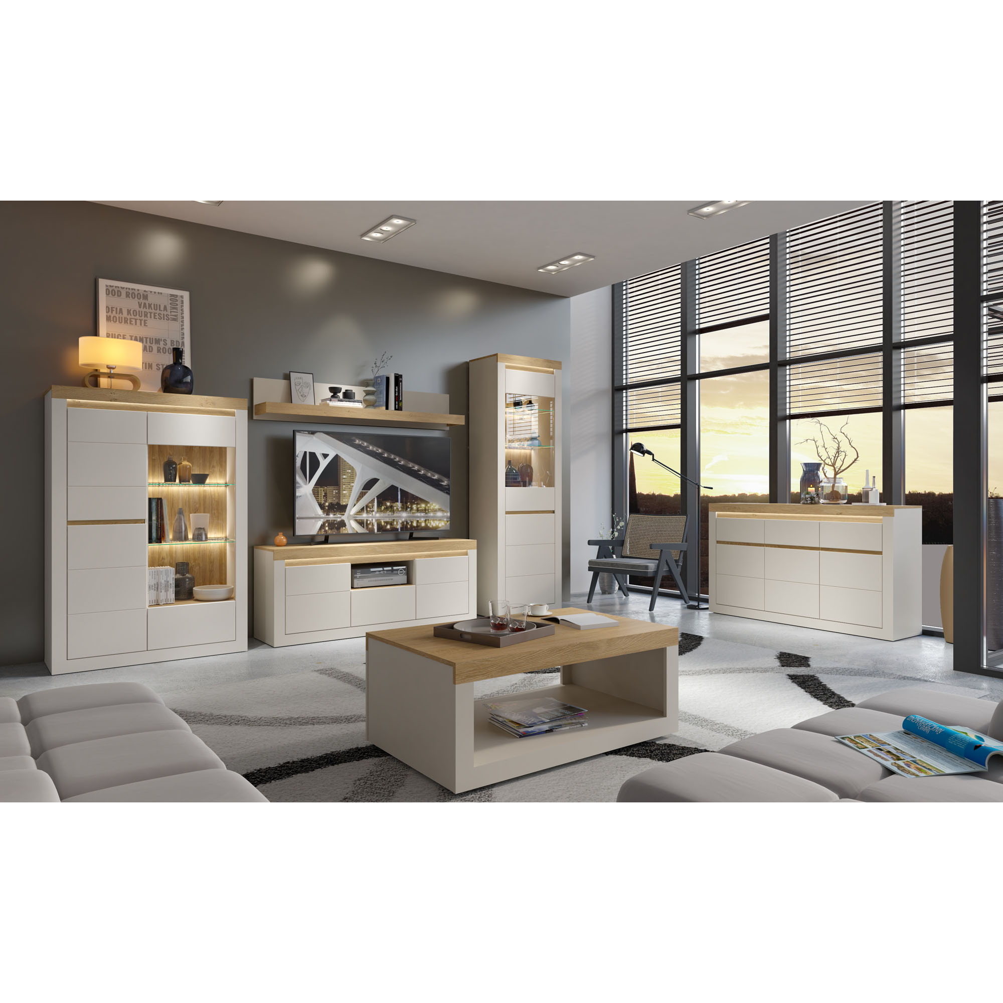 Modern eingerichtetes Wohnzimmer mit Wohnwand, Vitrine, TV-Lowboard, Wandregal und passendem Sideboard in Weiß und Eiche