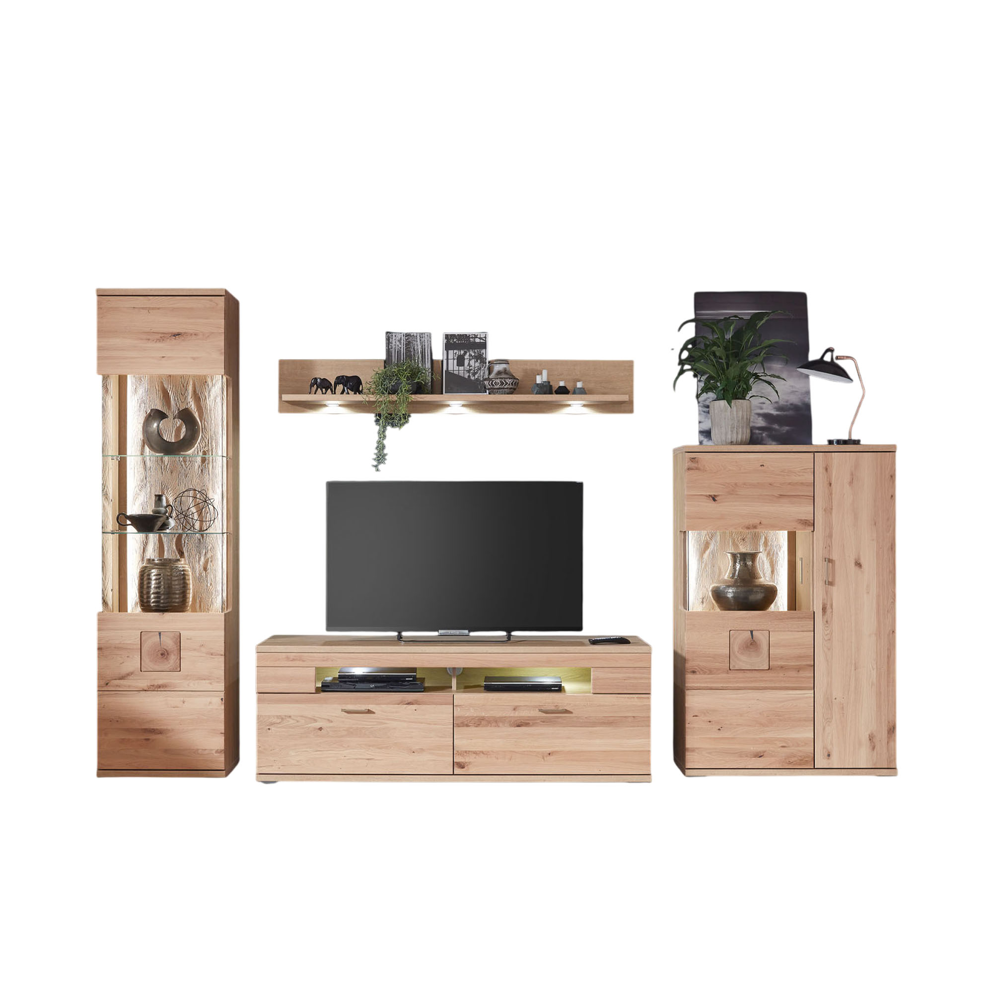 Mehrteilige Wohnkombination in Holzoptik mit zwei Hochschränken TV Lowboard Wandregal und schwarzen Akzenten