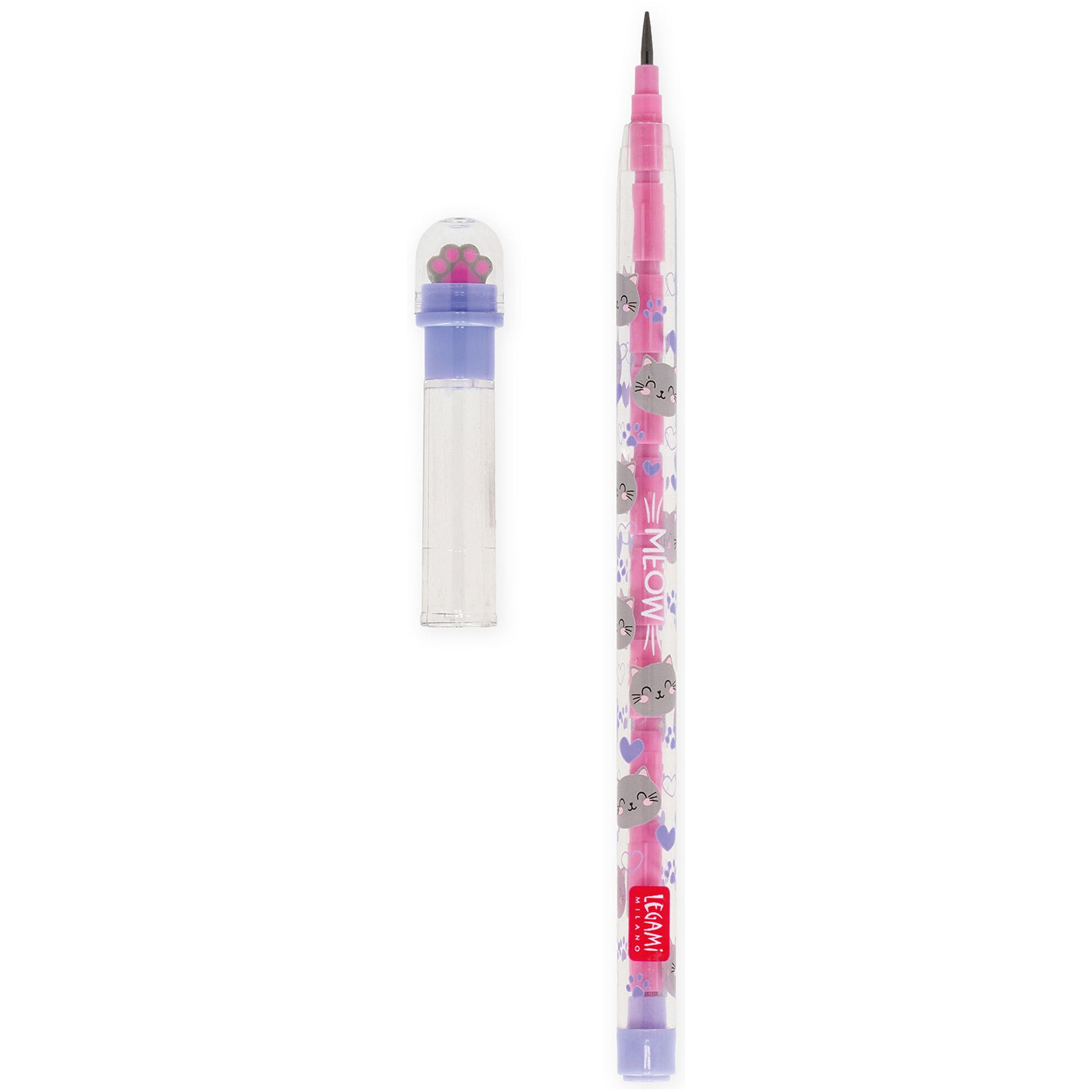 Rosa Stapelbleistift mit Katzenradierer, mit separat liegendem Radierer-Endstück neben dem Stift gezeigt.