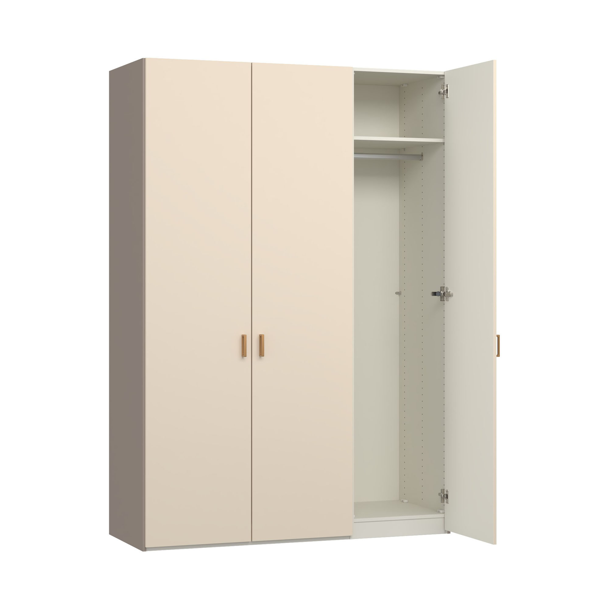 dreitüriger Kleiderschrank mit zwei geschlossenen Türen und einem geöffneten Schrankteil