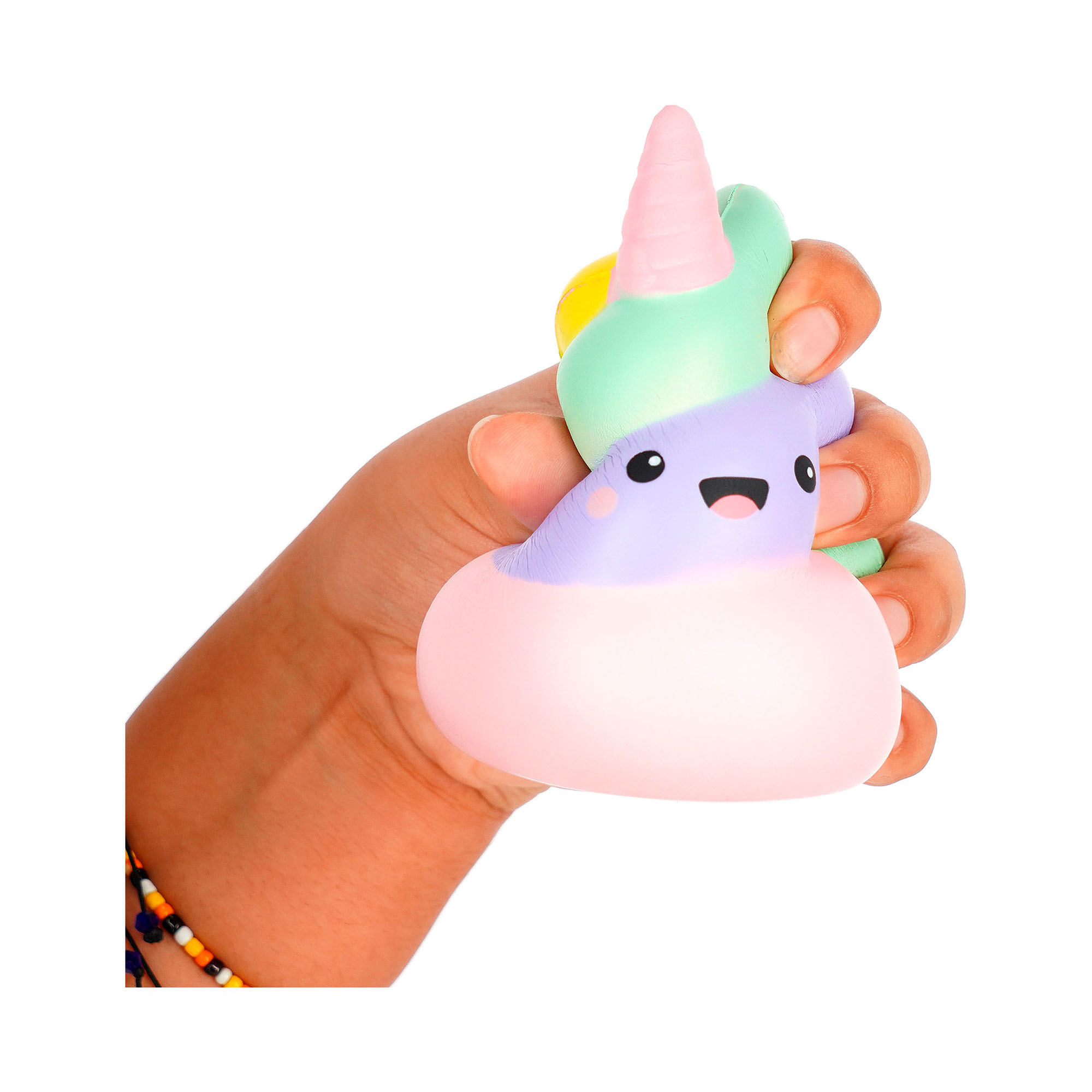 Pastellfarbene Antistress-Figur in Häufchenform mit Einhornhorn, in einer Hand gehalten und leicht zusammengedrückt gezeigt.