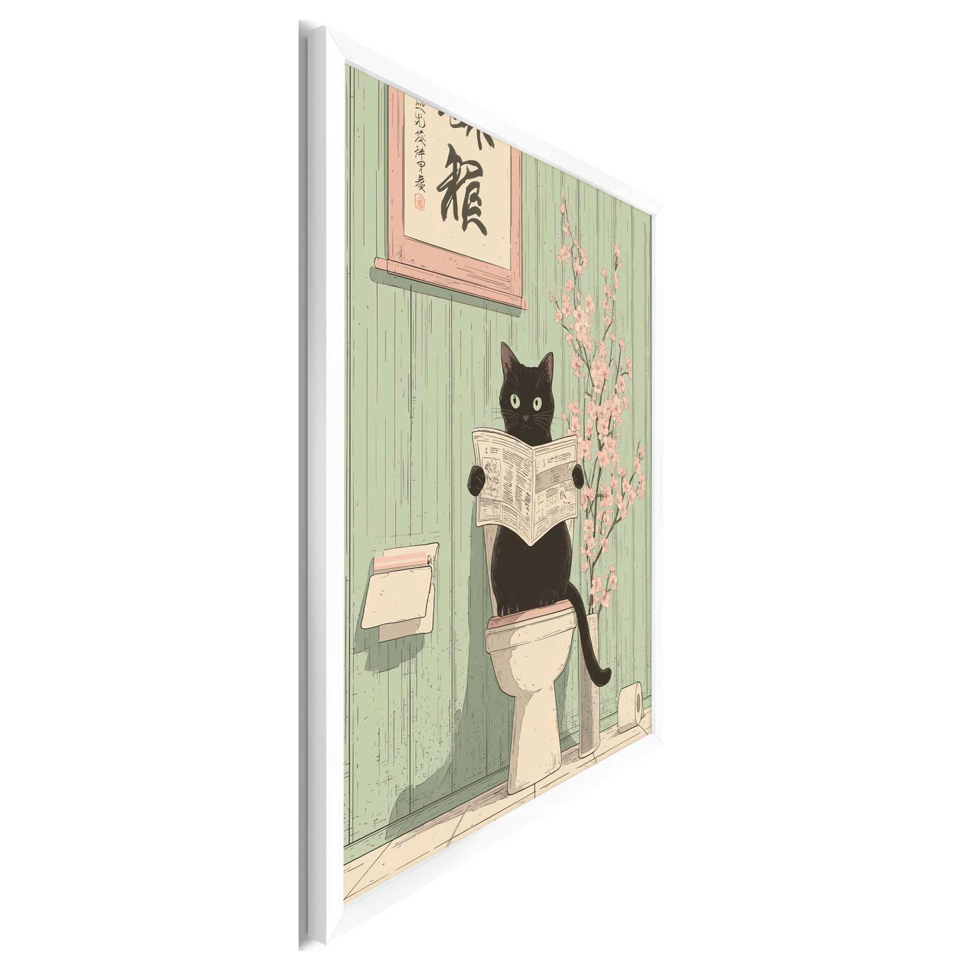 Seitliche Schrägansicht des Wandbilds „Japandi Toilet Cat“, 50 × 70 cm; Profil, Kante und Tiefe des Bildes sind erkennbar.